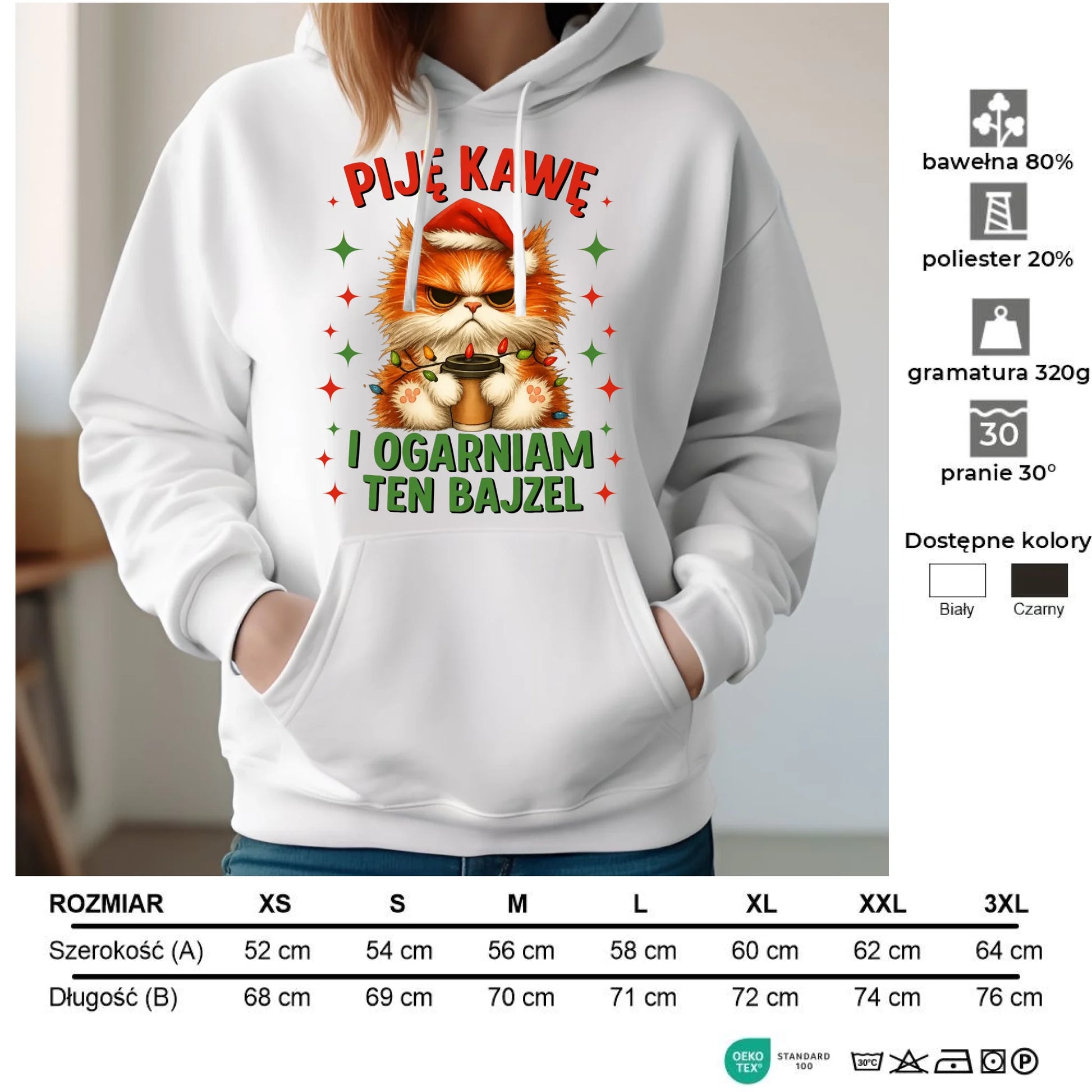 Bluza damska z kapturem świąteczna - Kot Piję kawę i ogarniam ten bajzel BN39 - StoryCups.pl