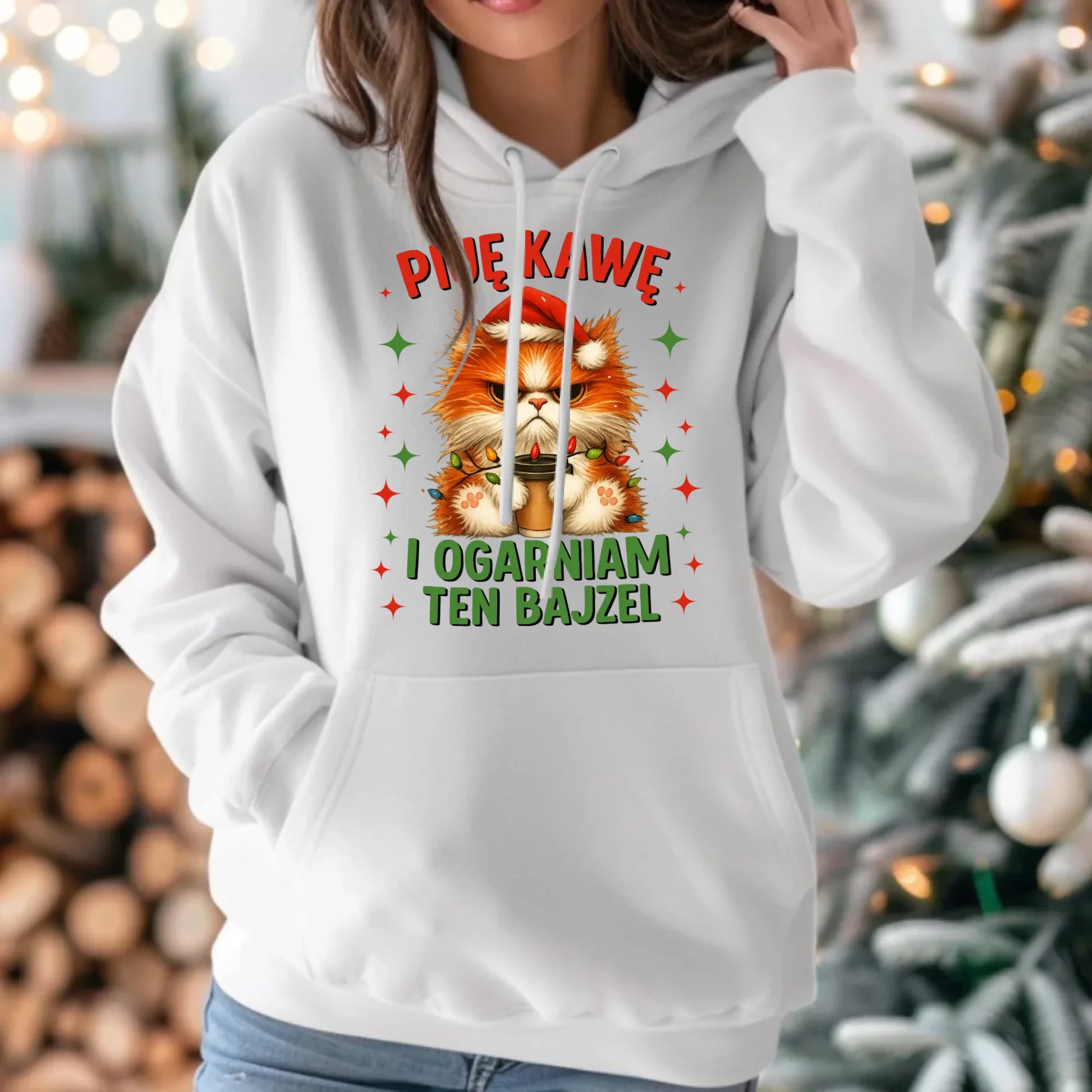Bluza damska z kapturem świąteczna - Kot Piję kawę i ogarniam ten bajzel BN39 - StoryCups.pl