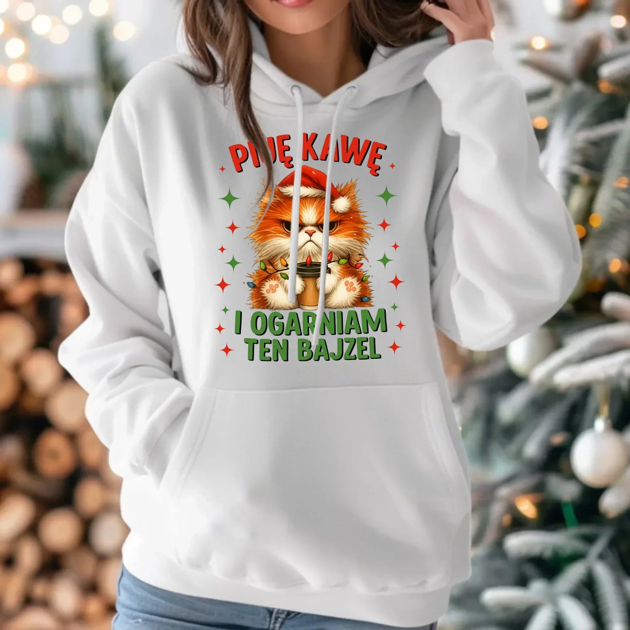 Bluza damska z kapturem świąteczna - Kot Piję kawę i ogarniam ten bajzel BN39 - StoryCups.pl