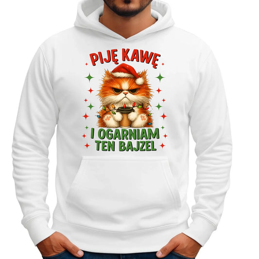 Bluza męska z kapturem świąteczna - Kot Piję kawę i ogarniam ten bajzel BN39 - StoryCups.pl
