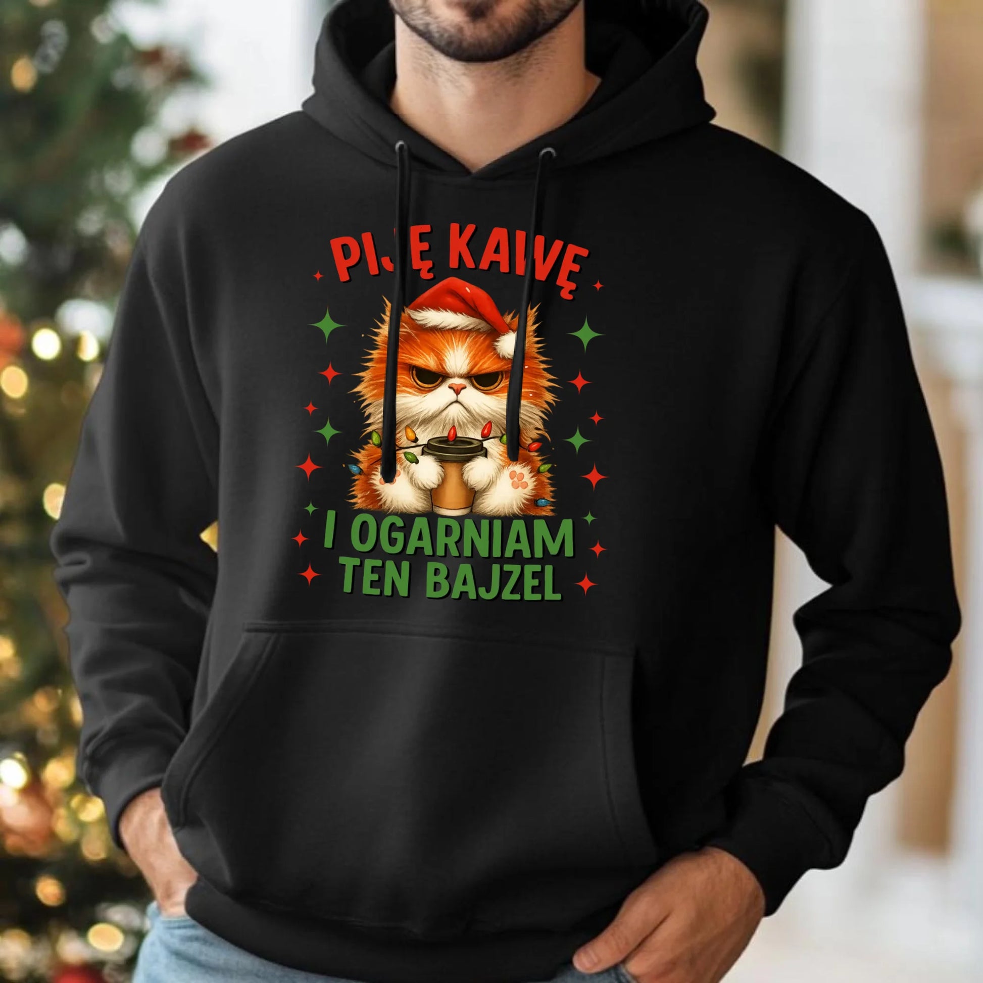 Bluza męska z kapturem świąteczna - Kot Piję kawę i ogarniam ten bajzel BN39 - StoryCups.pl