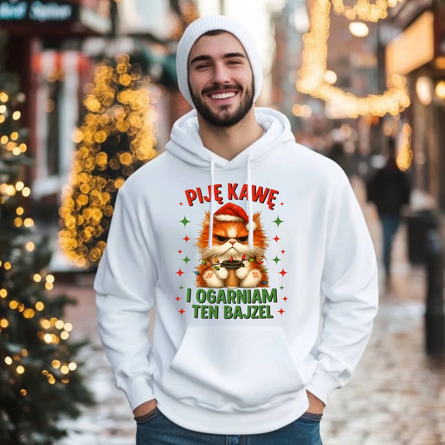 Bluza męska z kapturem świąteczna - Kot Piję kawę i ogarniam ten bajzel BN39 - StoryCups.pl