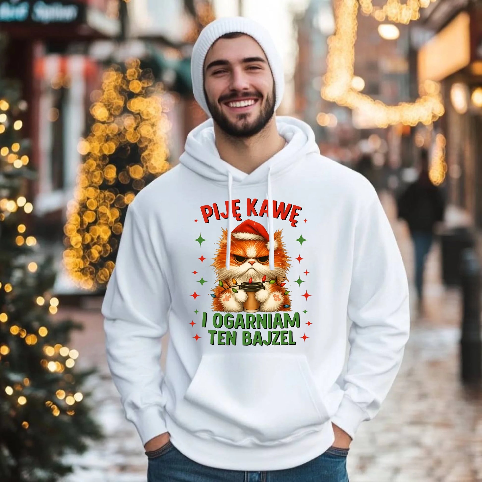 Bluza męska z kapturem świąteczna - Kot Piję kawę i ogarniam ten bajzel BN39 - StoryCups.pl