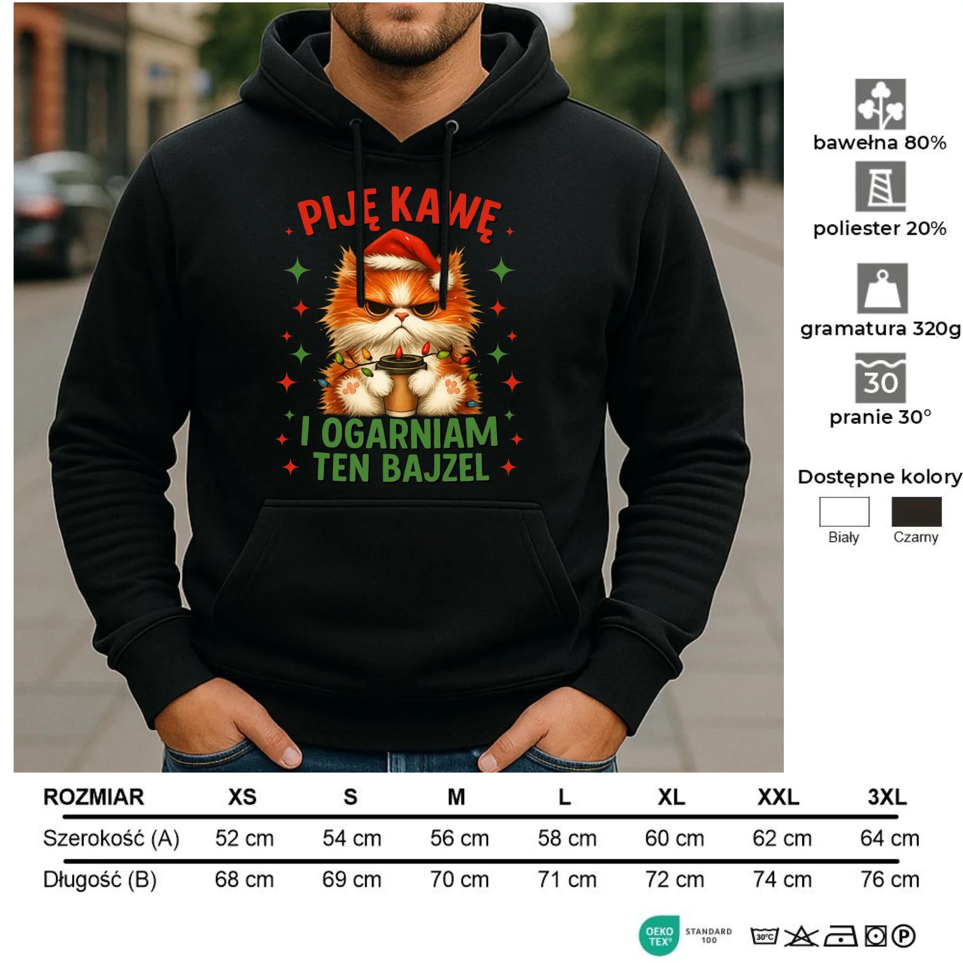 Bluza męska z kapturem świąteczna - Kot Piję kawę i ogarniam ten bajzel BN39 - StoryCups.pl