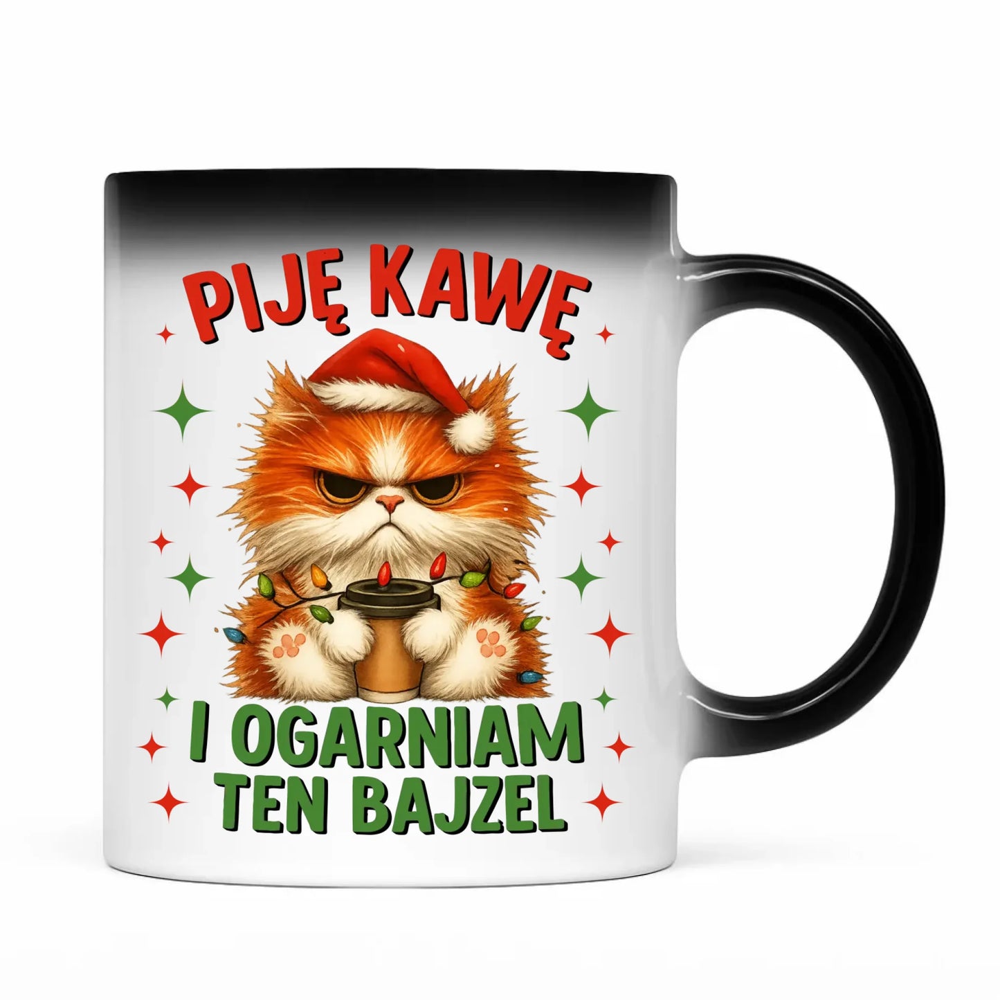 Kubek magiczny świąteczny - Kot Piję kawę i ogarniam ten bajzel BN39 - StoryCups.pl