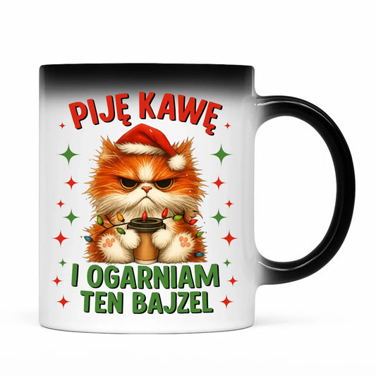 Kubek magiczny świąteczny - Kot Piję kawę i ogarniam ten bajzel BN39 - StoryCups.pl
