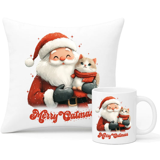 Zestaw poduszka i kubek świąteczny - prezent dla kociary - Merry Catmas BN38 - StoryCups.pl