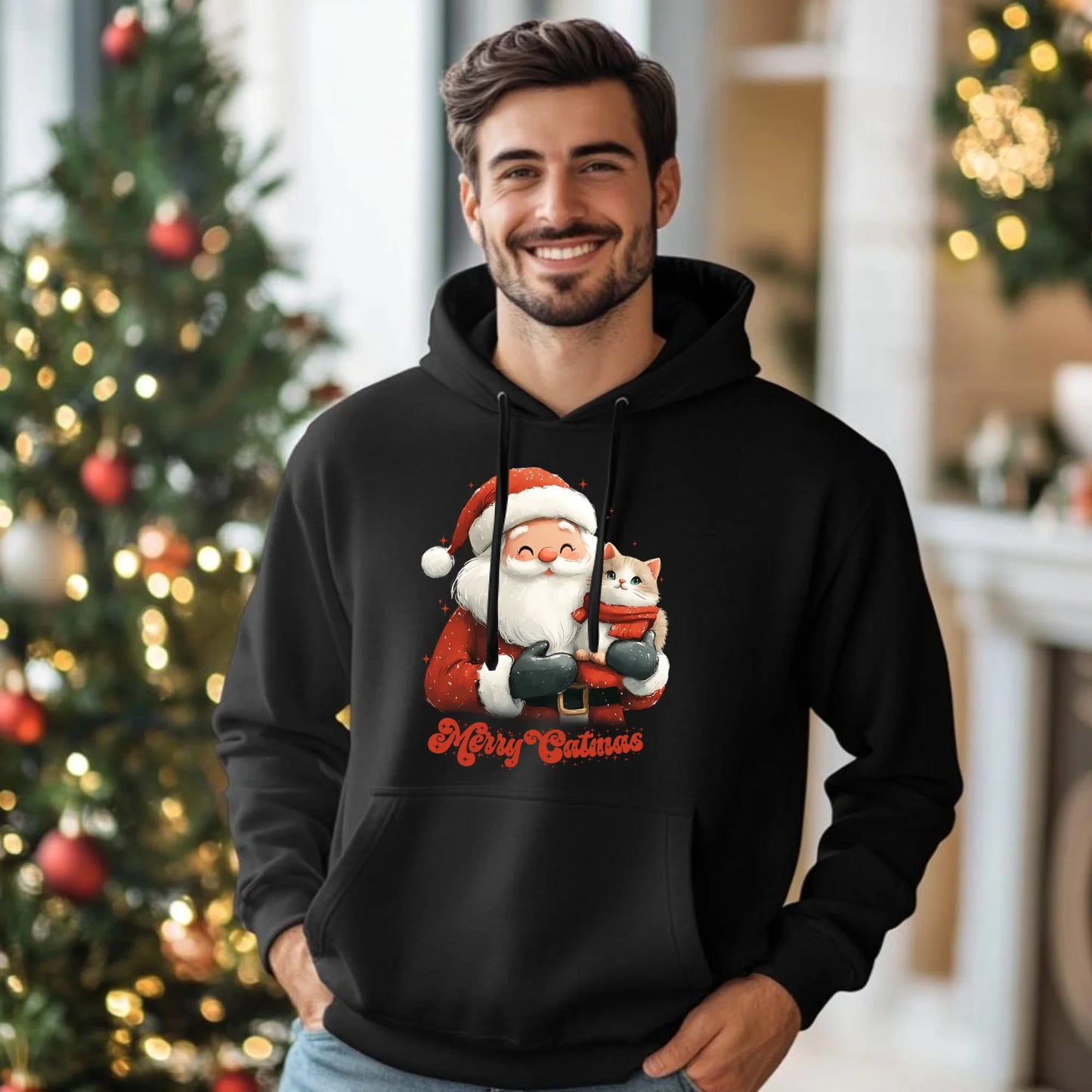 Bluza męska z kapturem świąteczna - Z kotem Merry Catmas BN38 - StoryCups.pl