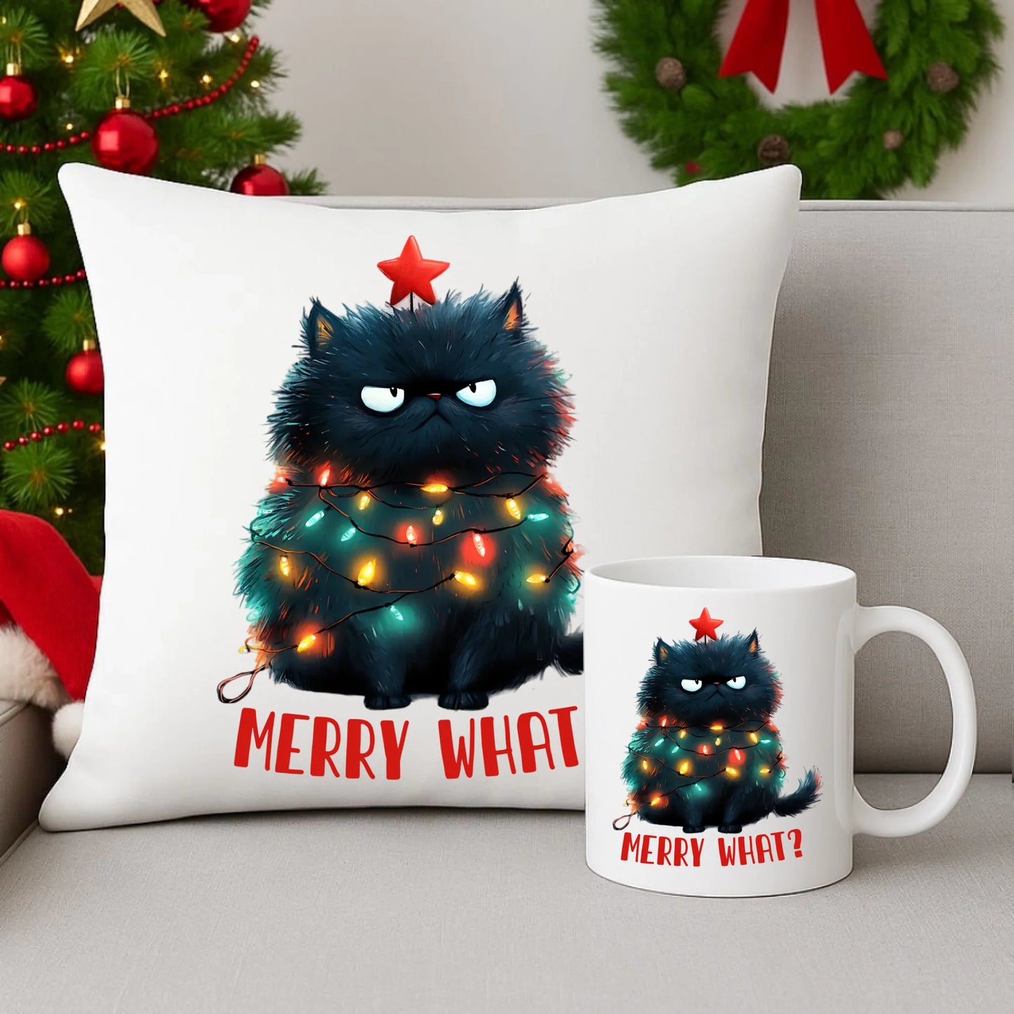 Zestaw poduszka i kubek świąteczny - Grumpy Cat Merry what? BN37 - StoryCups.pl