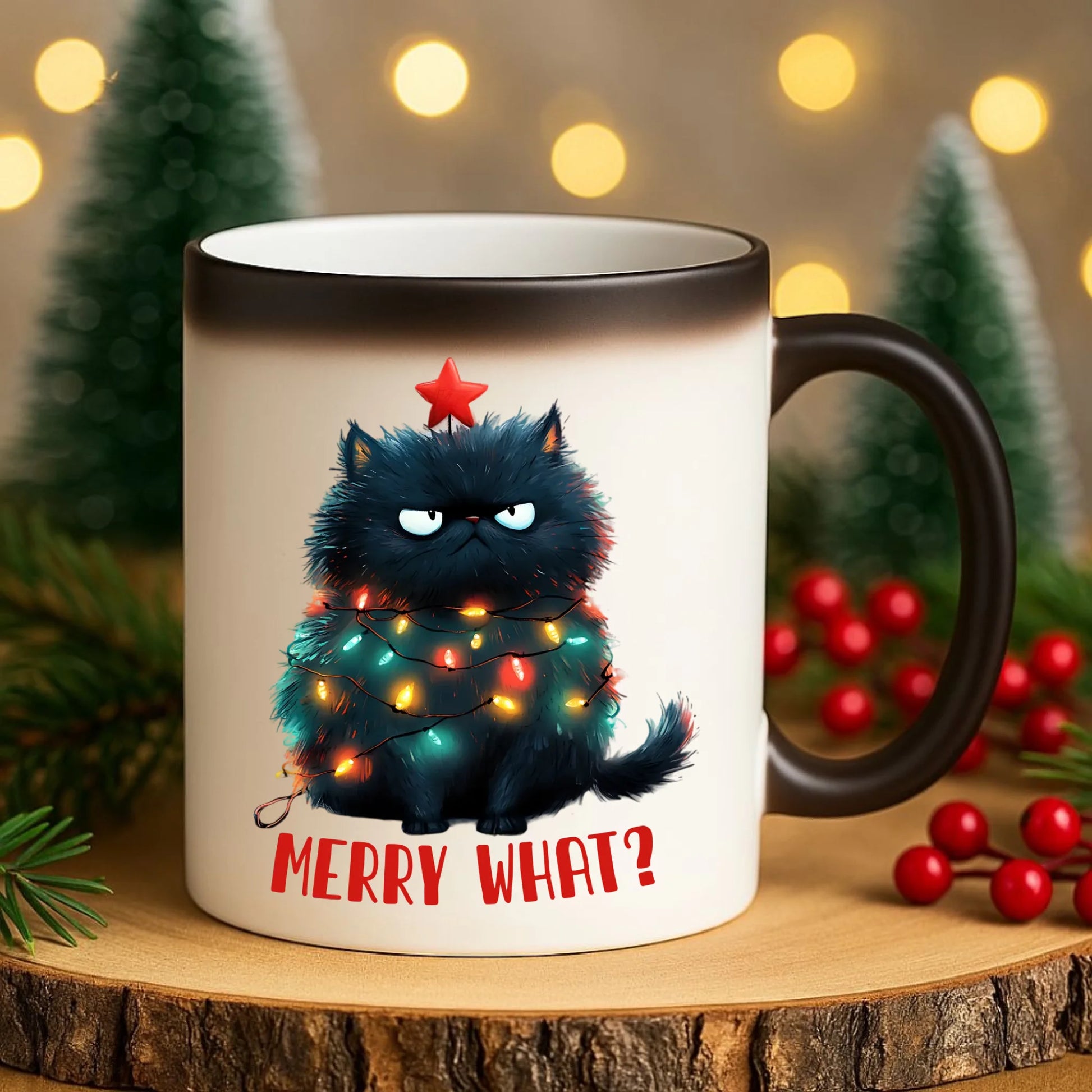 Kubek magiczny świąteczny - Grumpy Cat Merry what? BN37 - StoryCups.pl