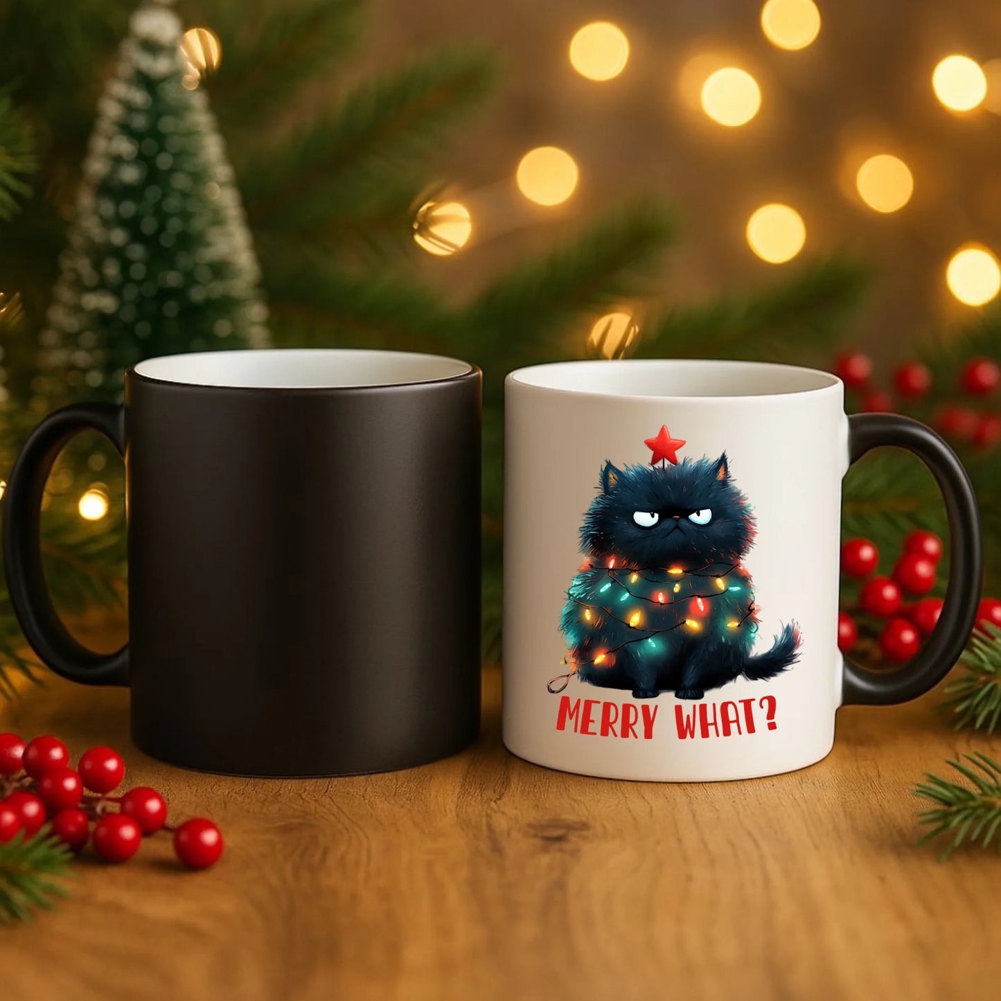 Kubek magiczny świąteczny - Grumpy Cat Merry what? BN37 - StoryCups.pl