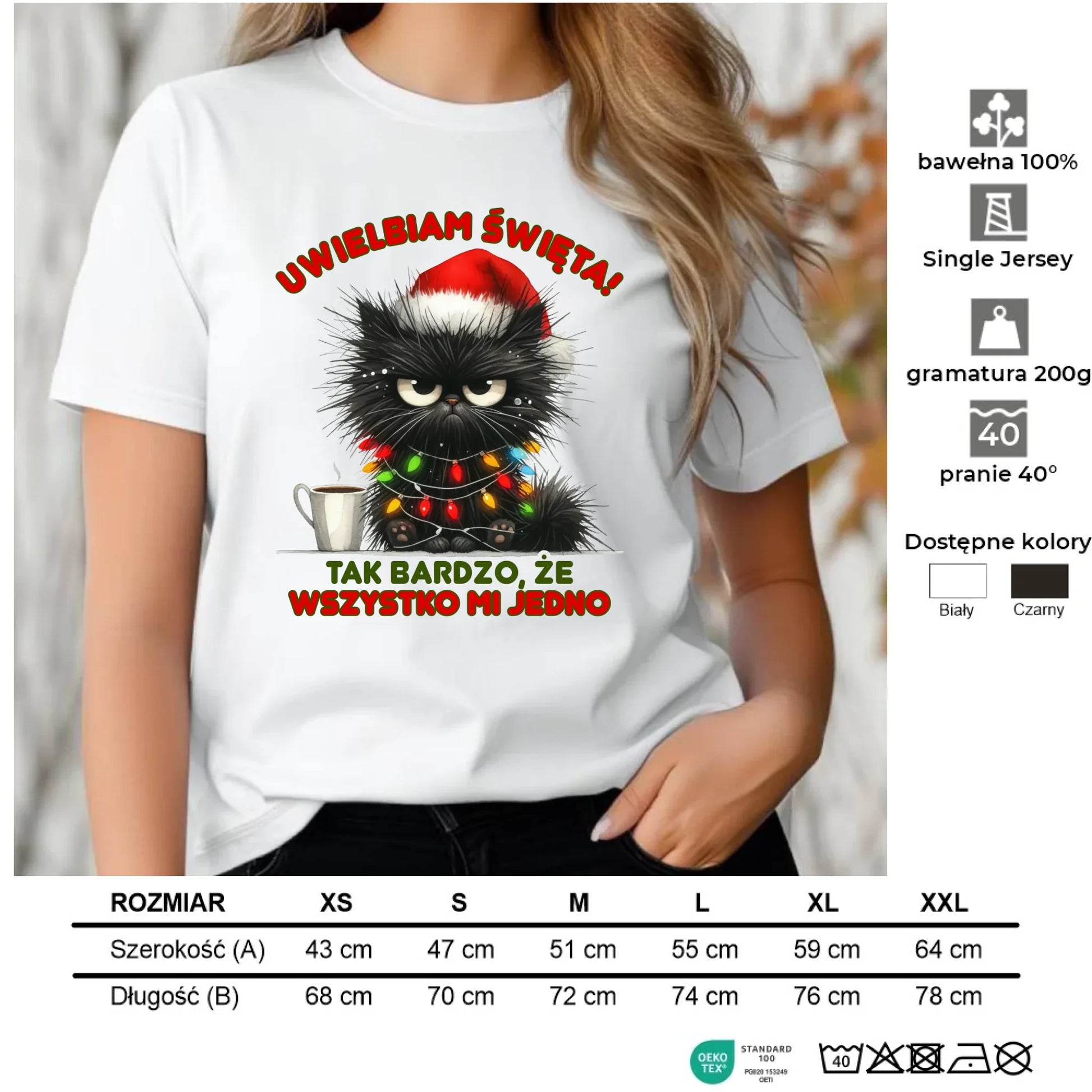 Koszulka damska świąteczna - Kot Maruda Wszystko mi jedno BN35 - StoryCups.pl