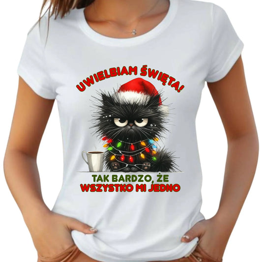 Koszulka damska świąteczna - Kot Maruda Wszystko mi jedno BN35 - StoryCups.pl