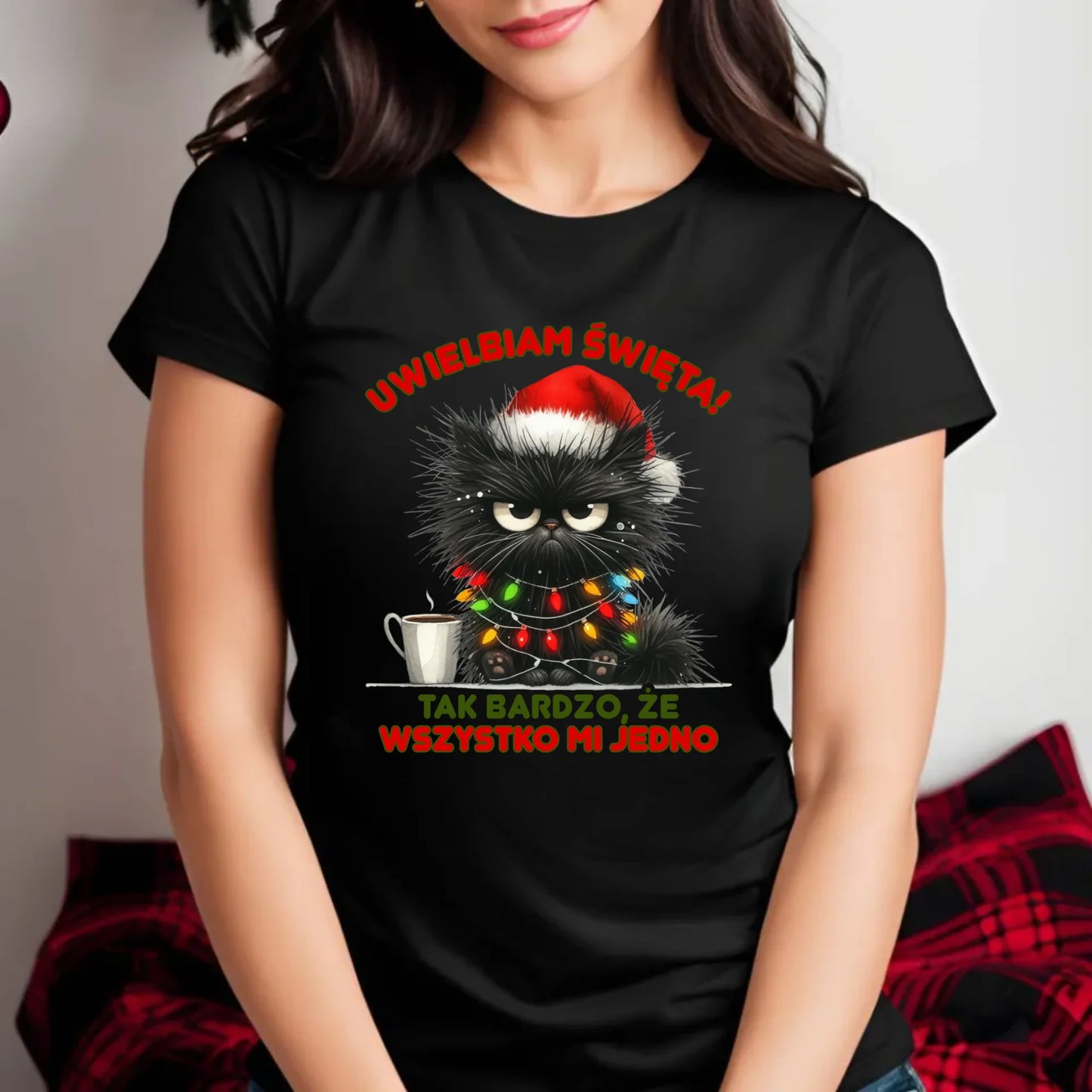 Koszulka damska świąteczna - Kot Maruda Wszystko mi jedno BN35 - StoryCups.pl