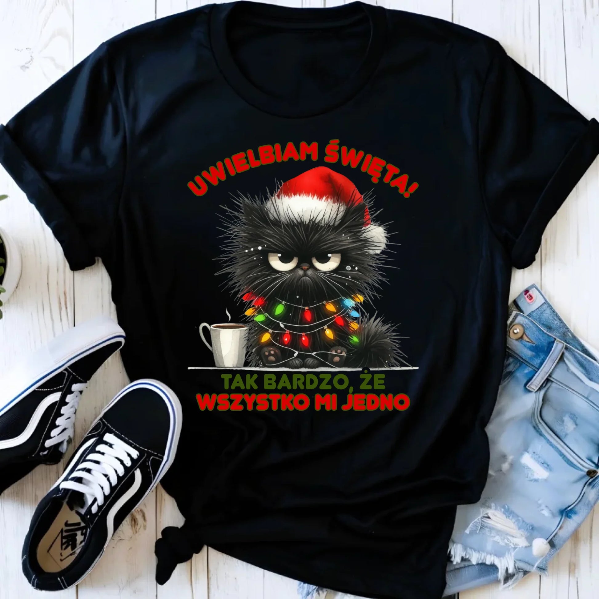 Koszulka damska świąteczna - Kot Maruda Wszystko mi jedno BN35 - StoryCups.pl