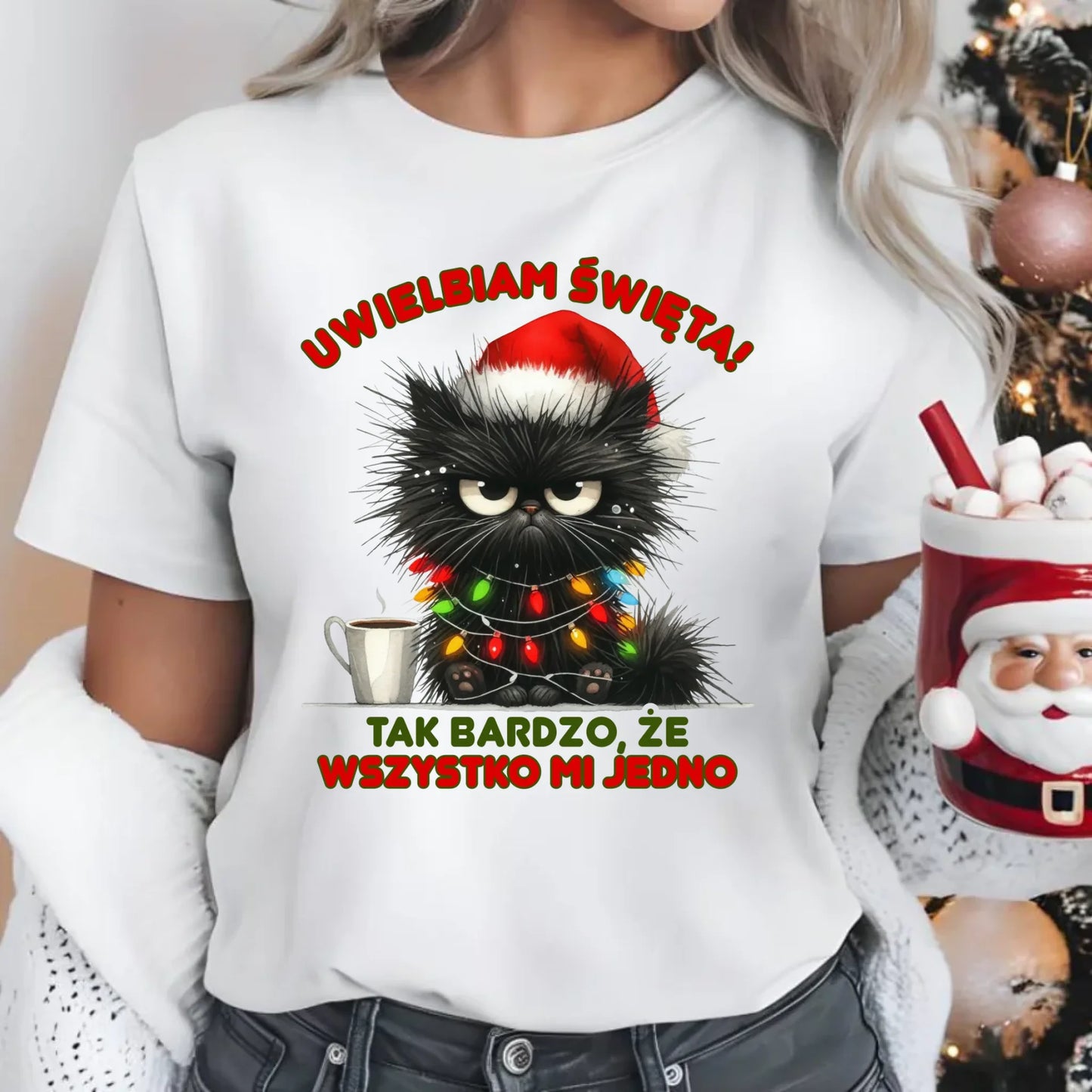 Koszulka damska świąteczna - Kot Maruda Wszystko mi jedno BN35 - StoryCups.pl