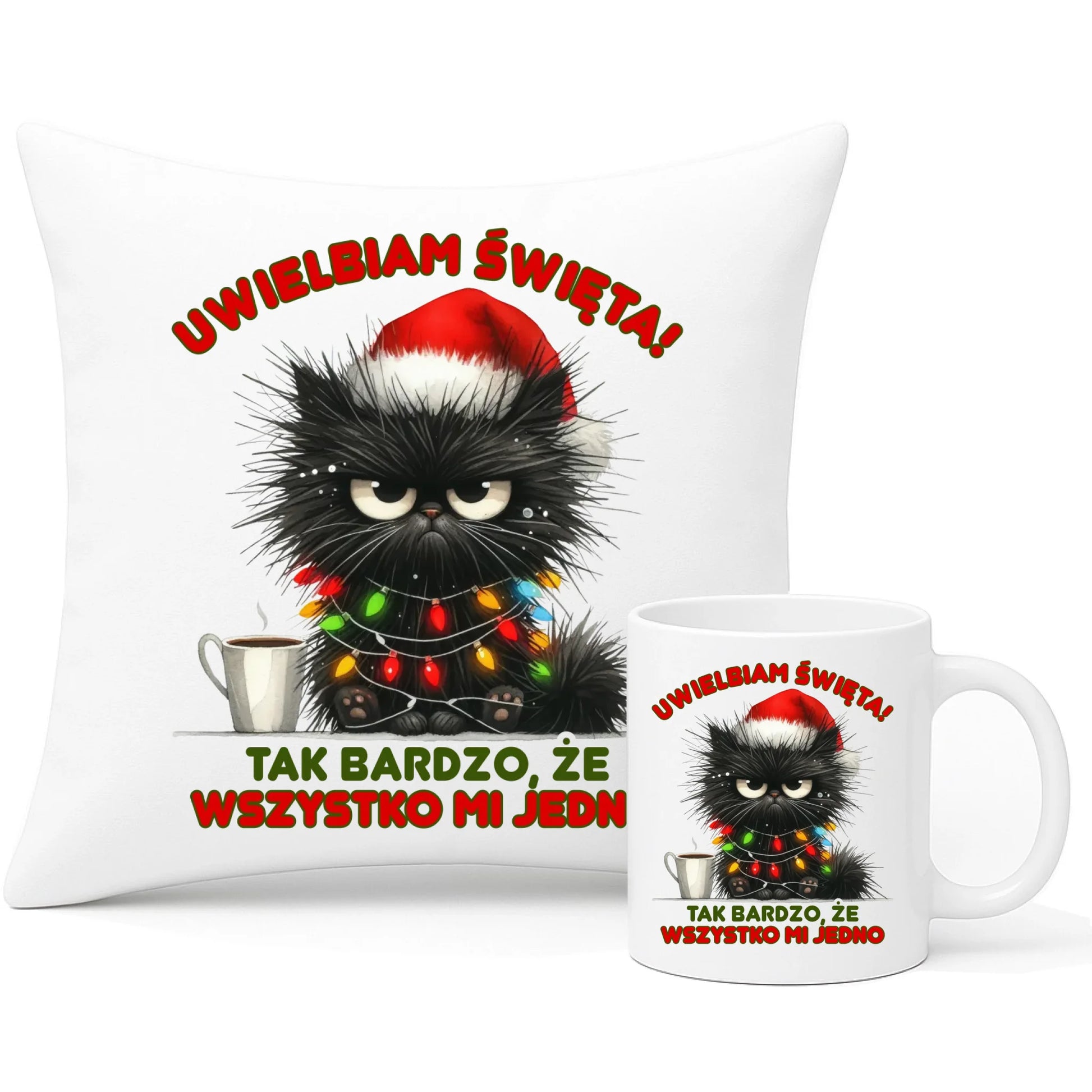 Zestaw poduszka i kubek świąteczny - Kot Maruda Wszystko mi jedno BN35 - StoryCups.pl