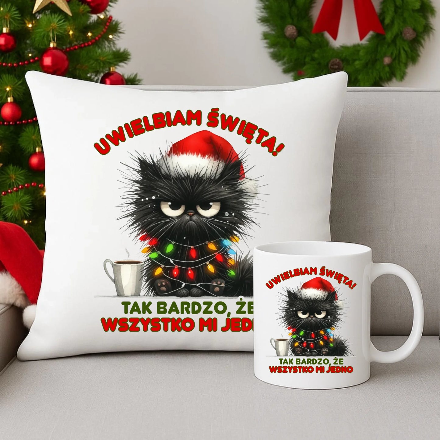 Zestaw poduszka i kubek świąteczny - Kot Maruda Wszystko mi jedno BN35 - StoryCups.pl