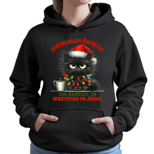 Bluza damska z kapturem świąteczna - Kot Maruda Wszystko mi jedno BN35 - StoryCups.pl