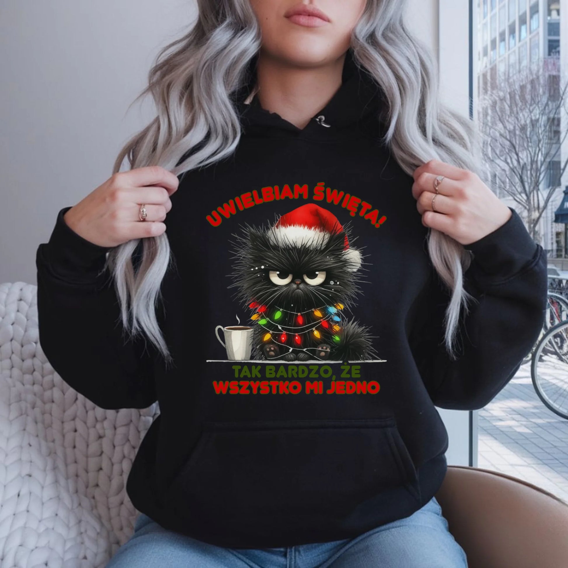 Bluza damska z kapturem świąteczna - Kot Maruda Wszystko mi jedno BN35 - StoryCups.pl