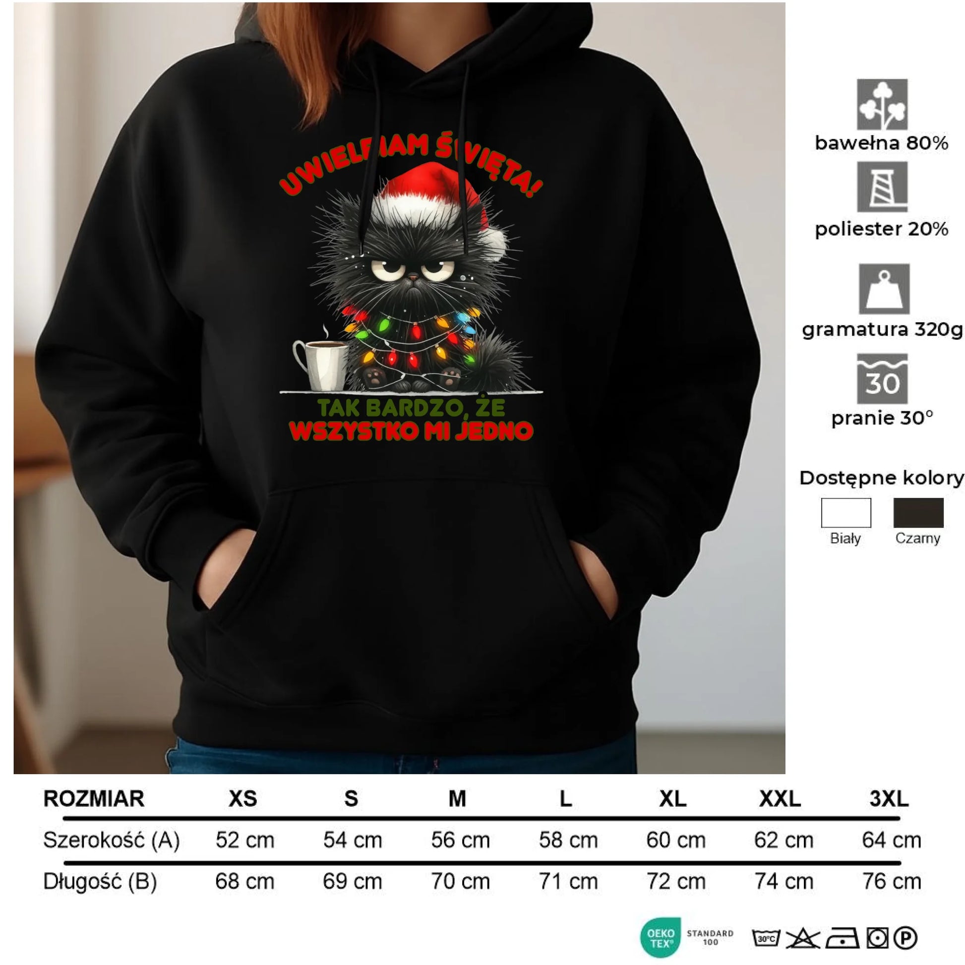 Bluza damska z kapturem świąteczna - Kot Maruda Wszystko mi jedno BN35 - StoryCups.pl