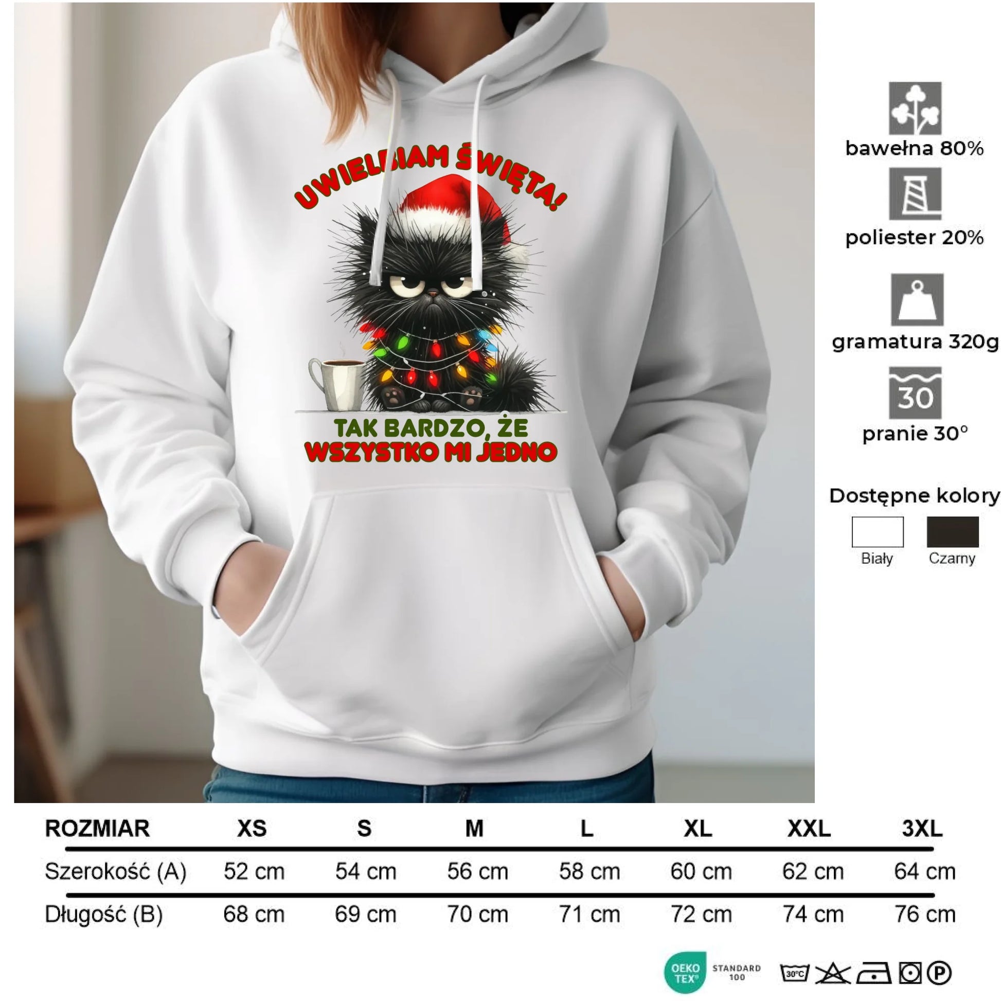 Bluza damska z kapturem świąteczna - Kot Maruda Wszystko mi jedno BN35 - StoryCups.pl
