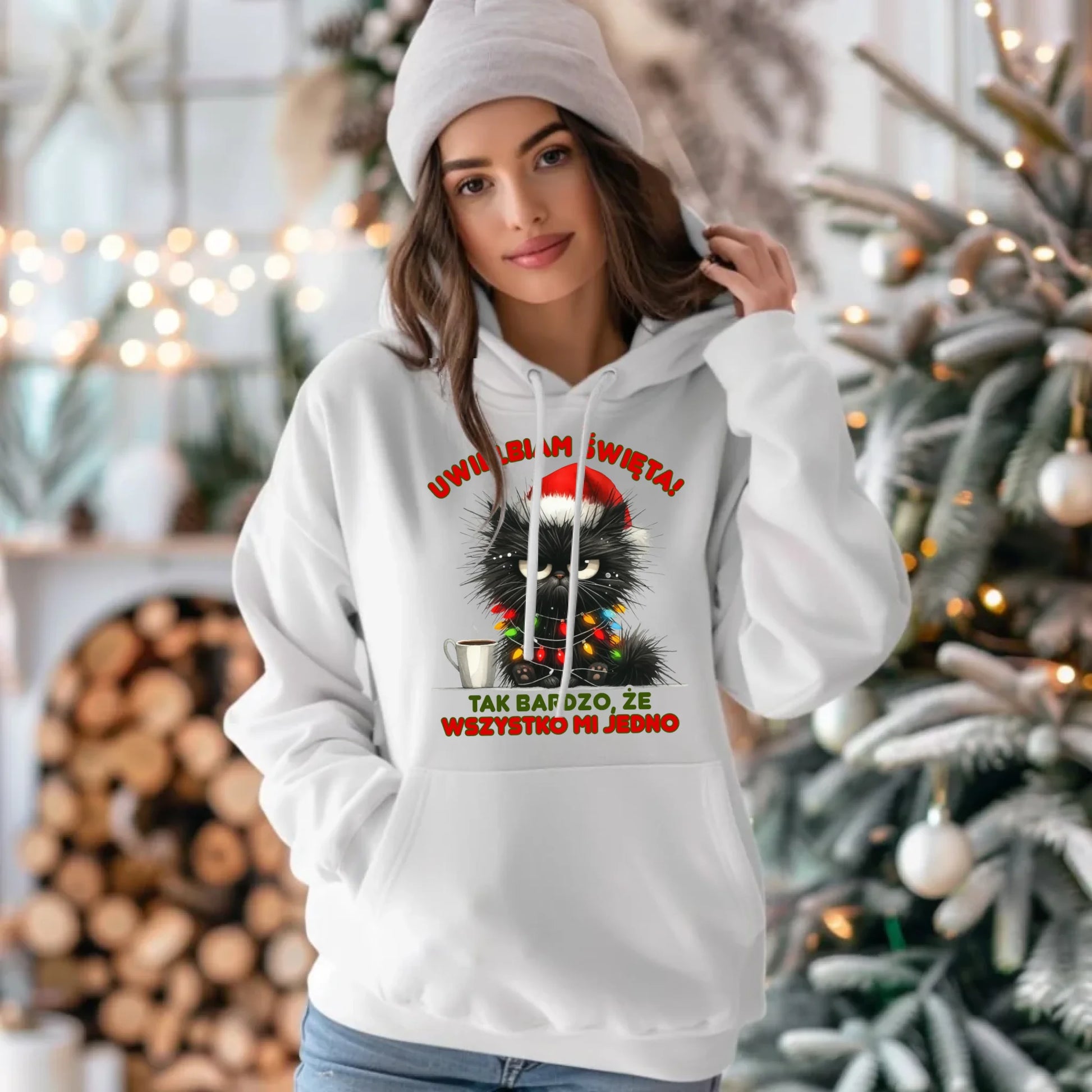 Bluza damska z kapturem świąteczna - Kot Maruda Wszystko mi jedno BN35 - StoryCups.pl