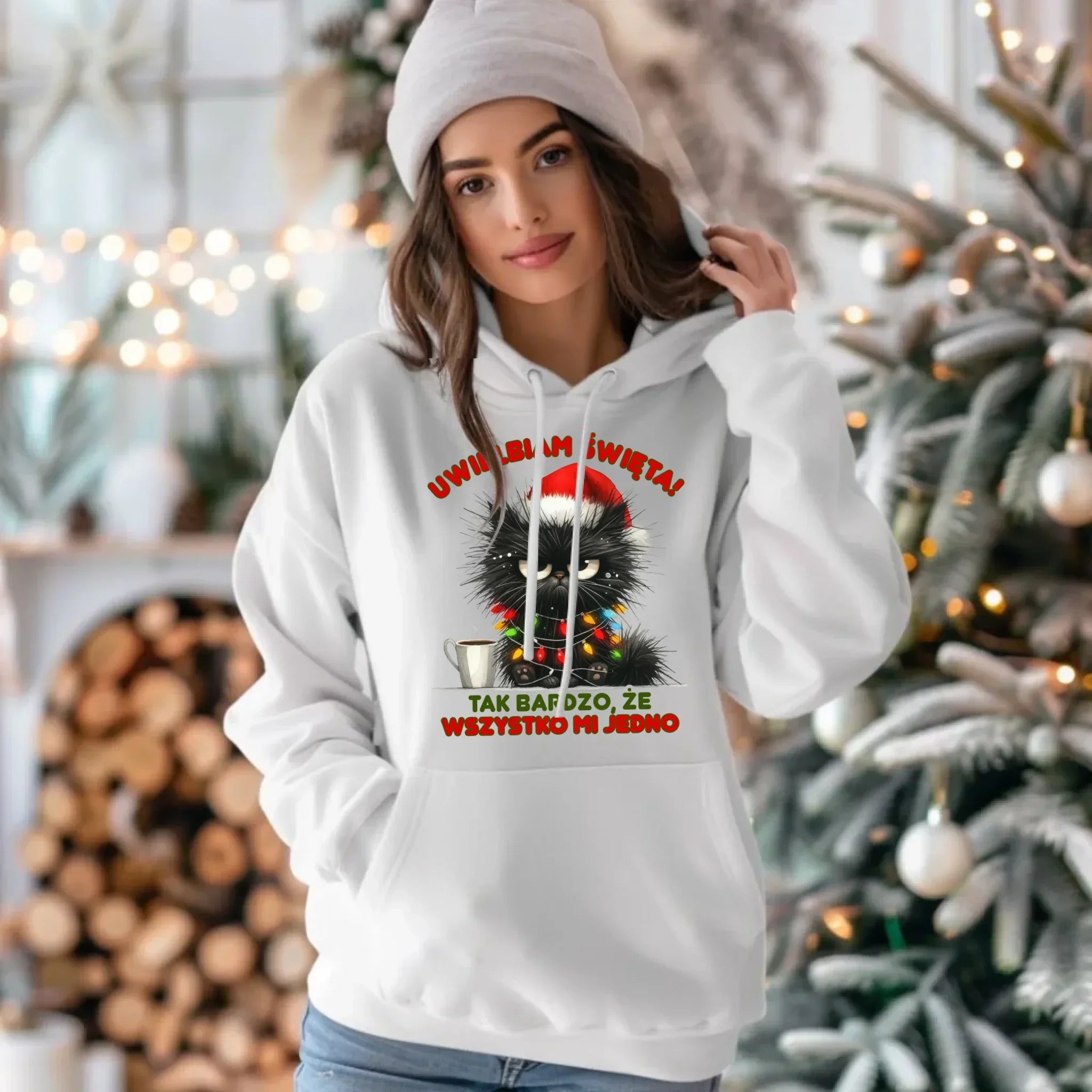 Bluza damska z kapturem świąteczna - Kot Maruda Wszystko mi jedno BN35 - StoryCups.pl