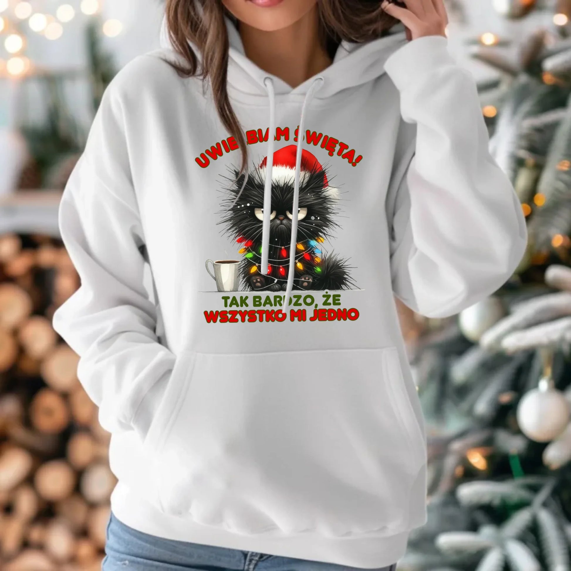Bluza damska z kapturem świąteczna - Kot Maruda Wszystko mi jedno BN35 - StoryCups.pl