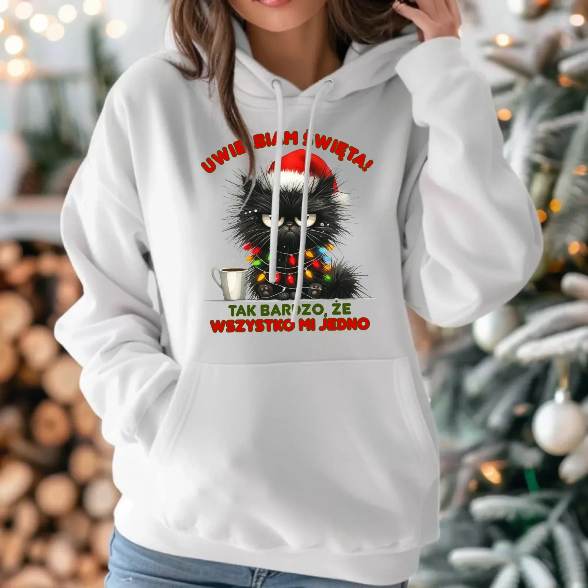 Bluza damska z kapturem świąteczna - Kot Maruda Wszystko mi jedno BN35 - StoryCups.pl