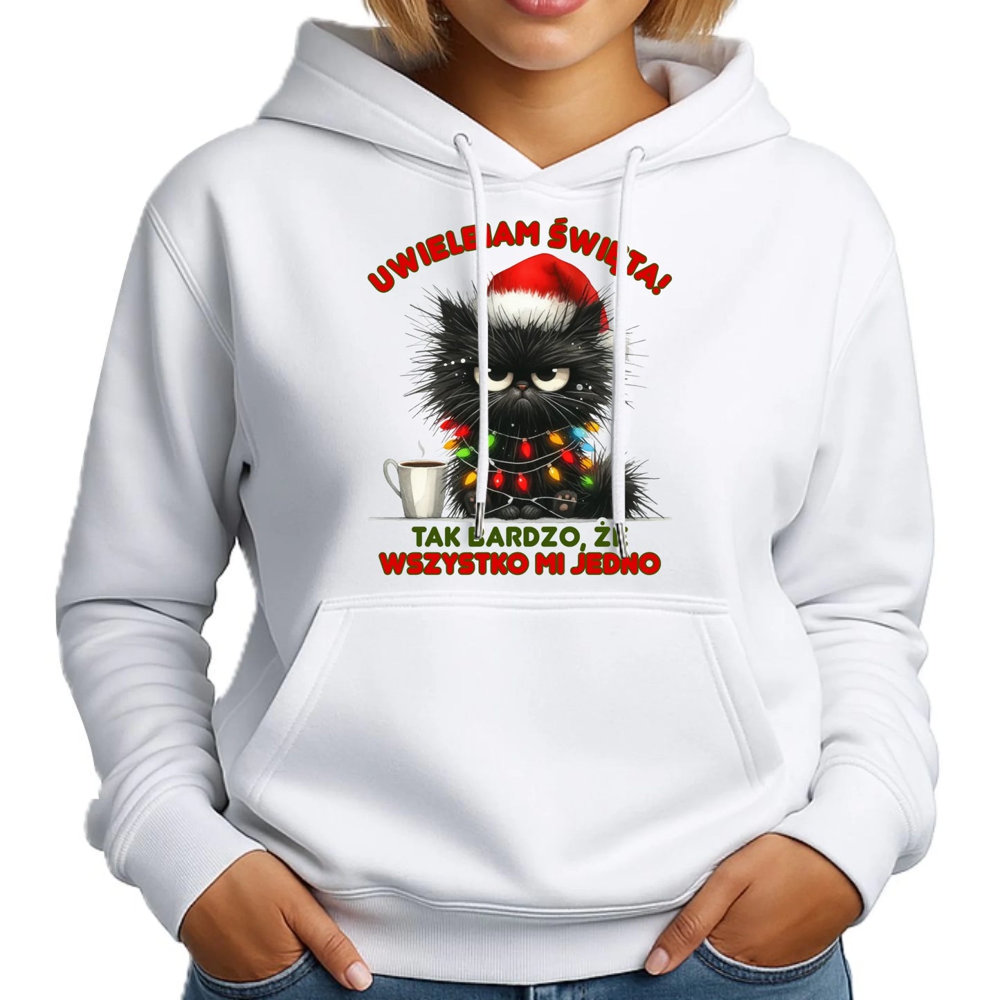 Bluza damska z kapturem świąteczna - Kot Maruda Wszystko mi jedno BN35 - StoryCups.pl