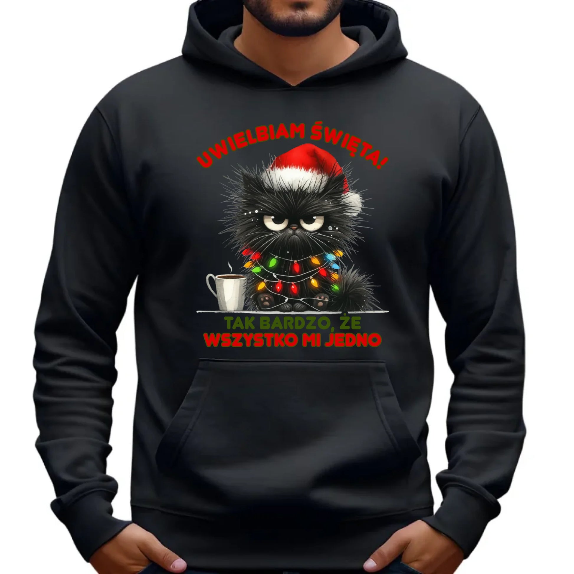 Bluza męska z kapturem świąteczna - Kot Maruda Wszystko mi jedno BN35 - StoryCups.pl