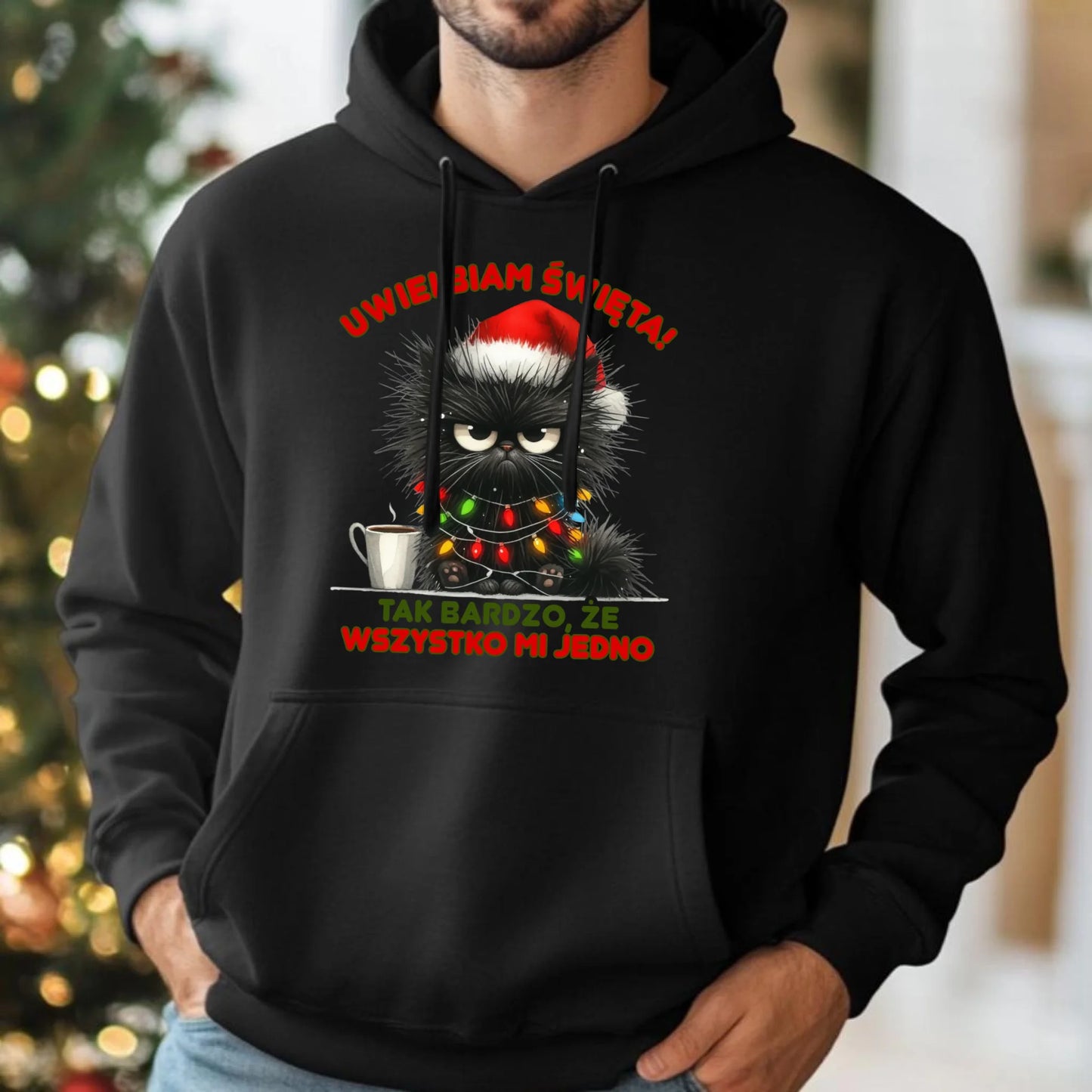 Bluza męska z kapturem świąteczna - Kot Maruda Wszystko mi jedno BN35 - StoryCups.pl