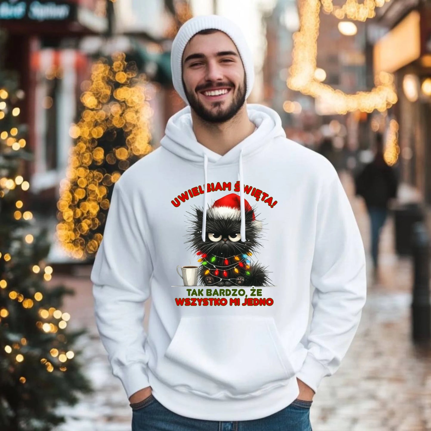 Bluza męska z kapturem świąteczna - Kot Maruda Wszystko mi jedno BN35 - StoryCups.pl