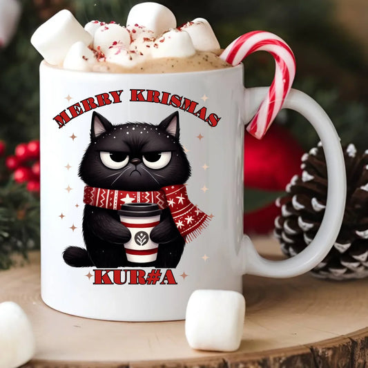Kubek świąteczny - Zburczany kot Merry Krismas kur#a - bez cenzury BN34 - StoryCups.pl
