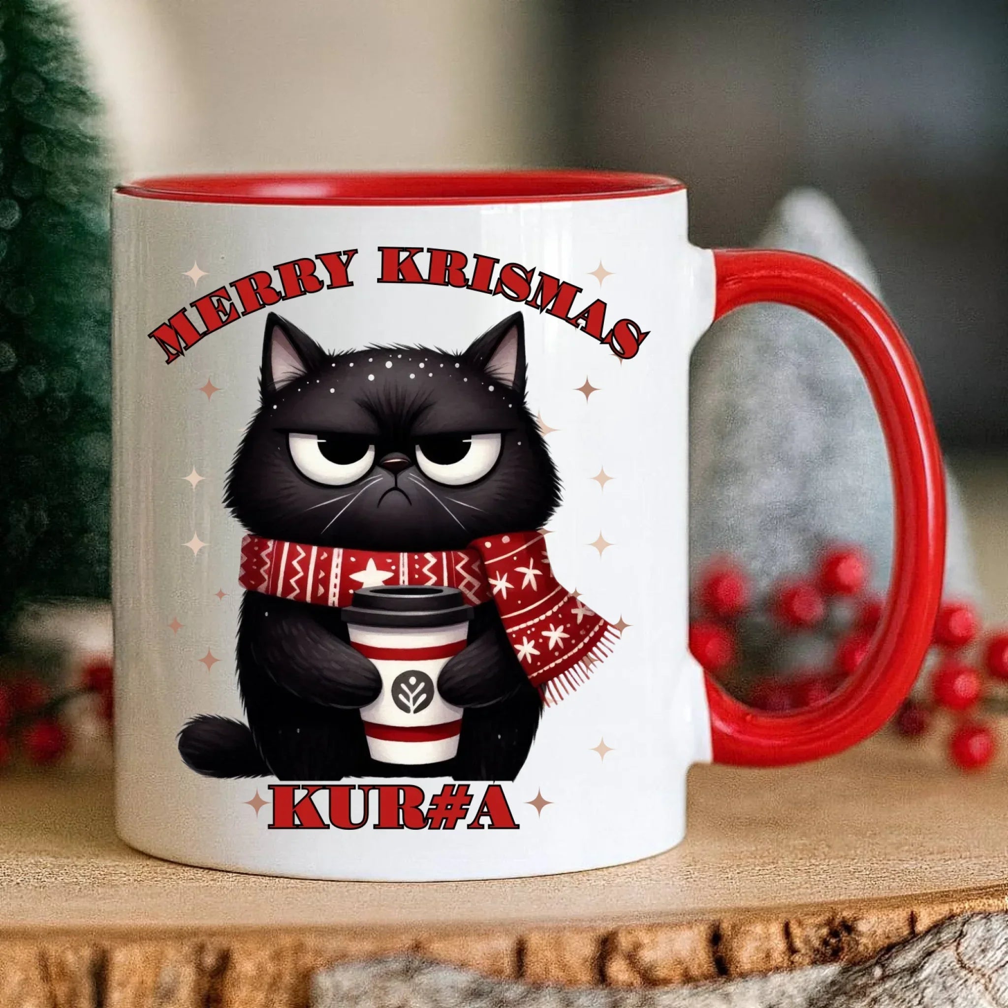 Kubek świąteczny - Zburczany kot Merry Krismas kur#a - bez cenzury BN34 - StoryCups.pl