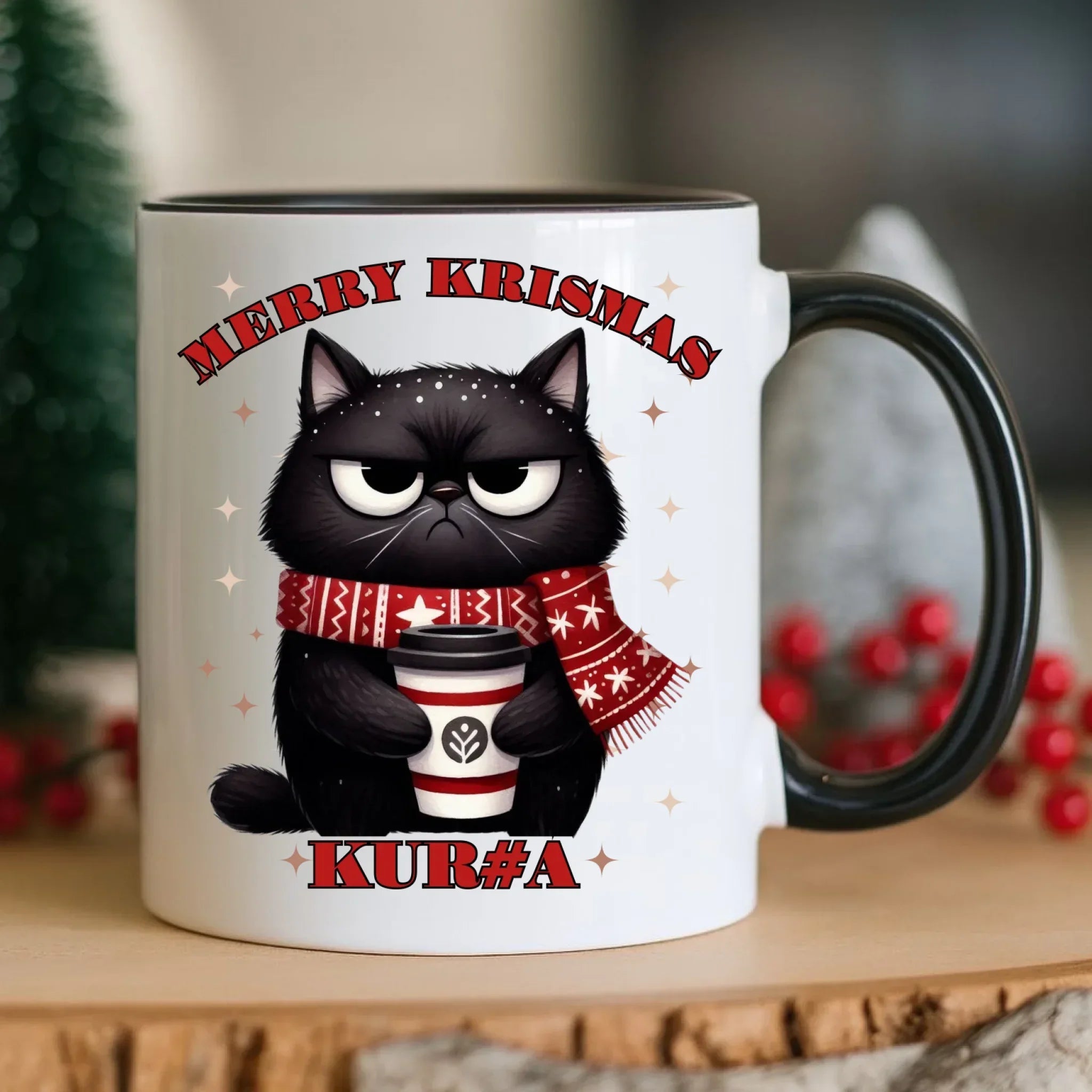 Kubek świąteczny - Zburczany kot Merry Krismas kur#a - bez cenzury BN34 - StoryCups.pl