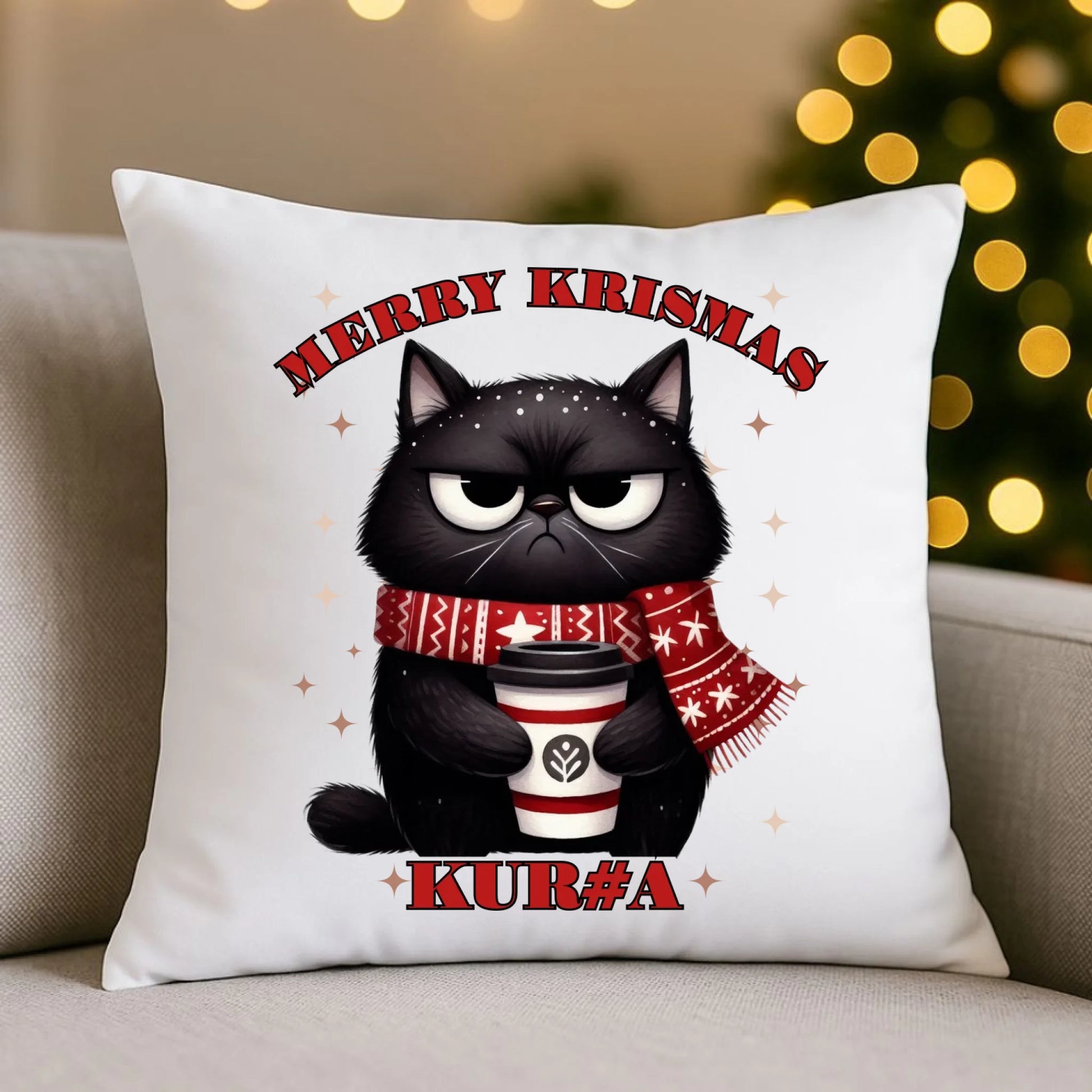 Poduszka świąteczna - Zburczany kot Merry Krismas kur#a - bez cenzury BN34 - StoryCups.pl