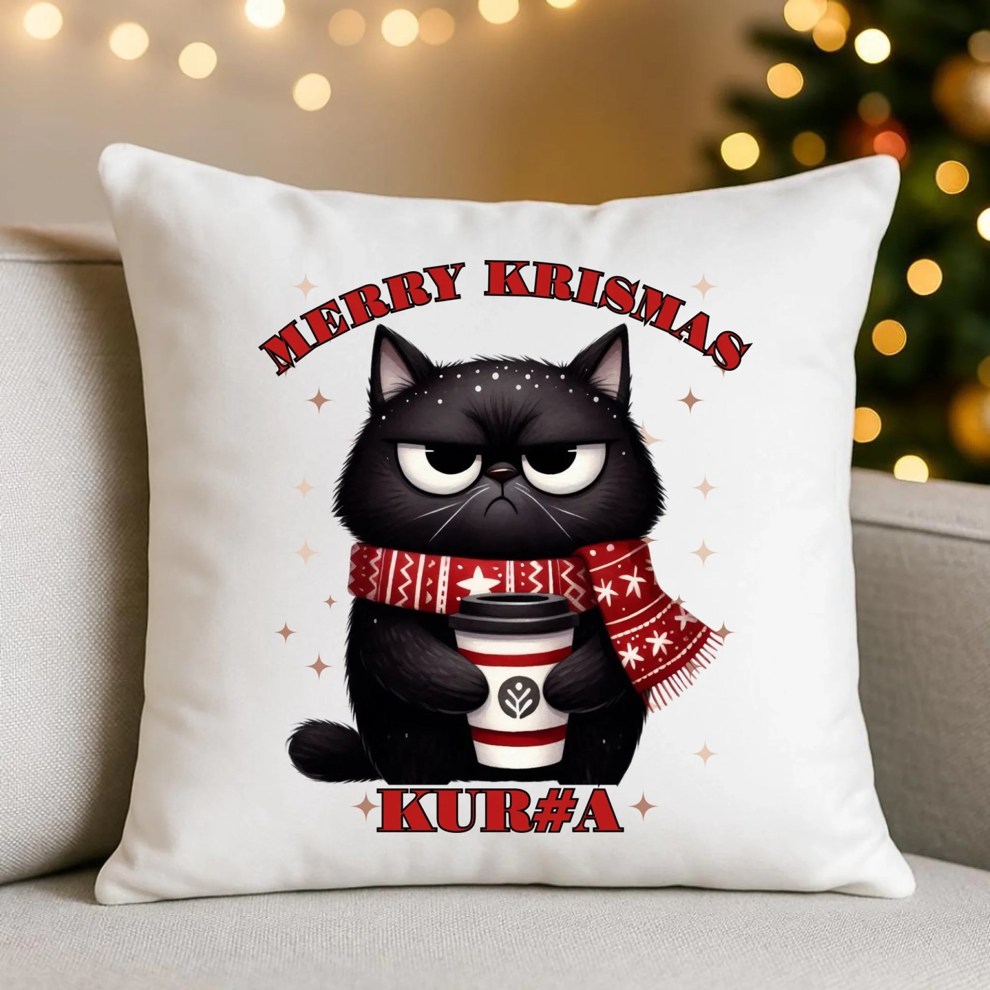 Poduszka świąteczna - Zburczany kot Merry Krismas kur#a - bez cenzury BN34 - StoryCups.pl