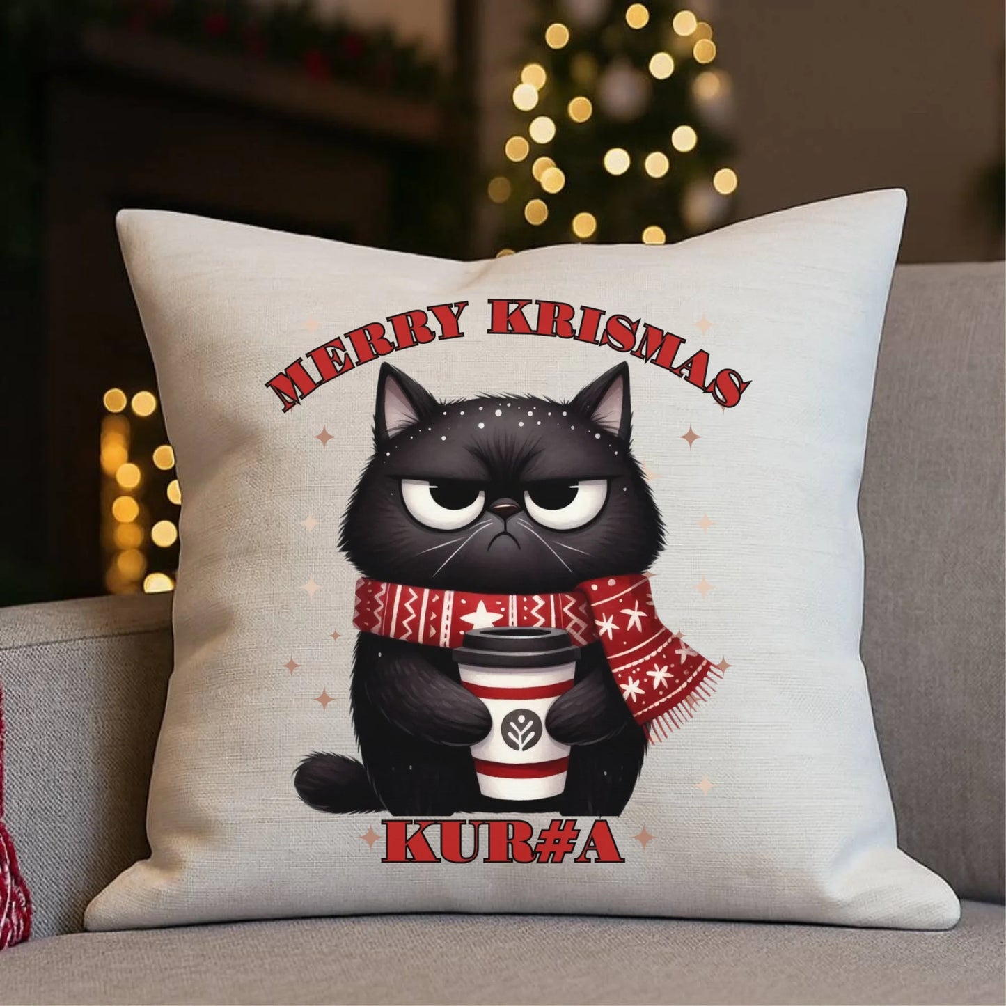 Poduszka świąteczna - Zburczany kot Merry Krismas kur#a - bez cenzury BN34 - StoryCups.pl