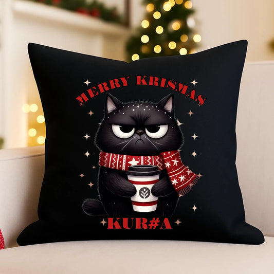 Poduszka dekoracyjna świąteczna - Zburczany kot Merry Krismas kur#a - bez cenzury BN34 - StoryCups.pl