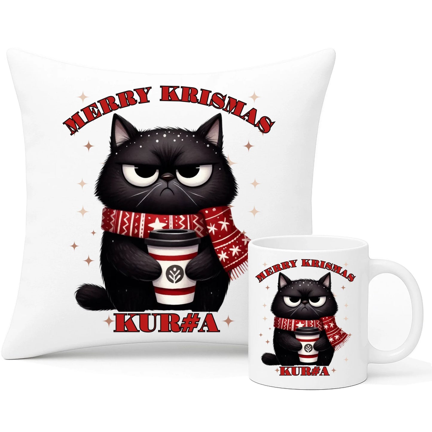 Zestaw poduszka i kubek świąteczny - Zburczany kot Merry Krismas kur#a - bez cenzury BN34 - StoryCups.pl