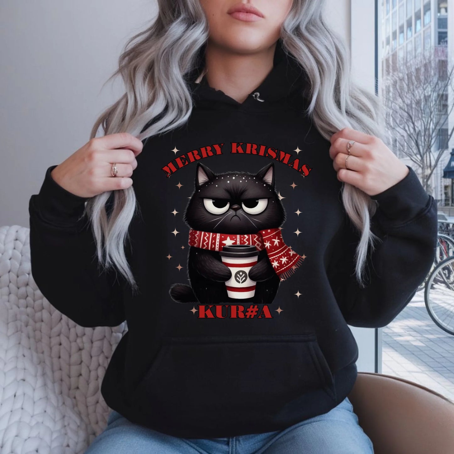 Bluza damska z kapturem świąteczna - Zburczany kot Merry Krismas kur#a - bez cenzury BN34 - StoryCups.pl