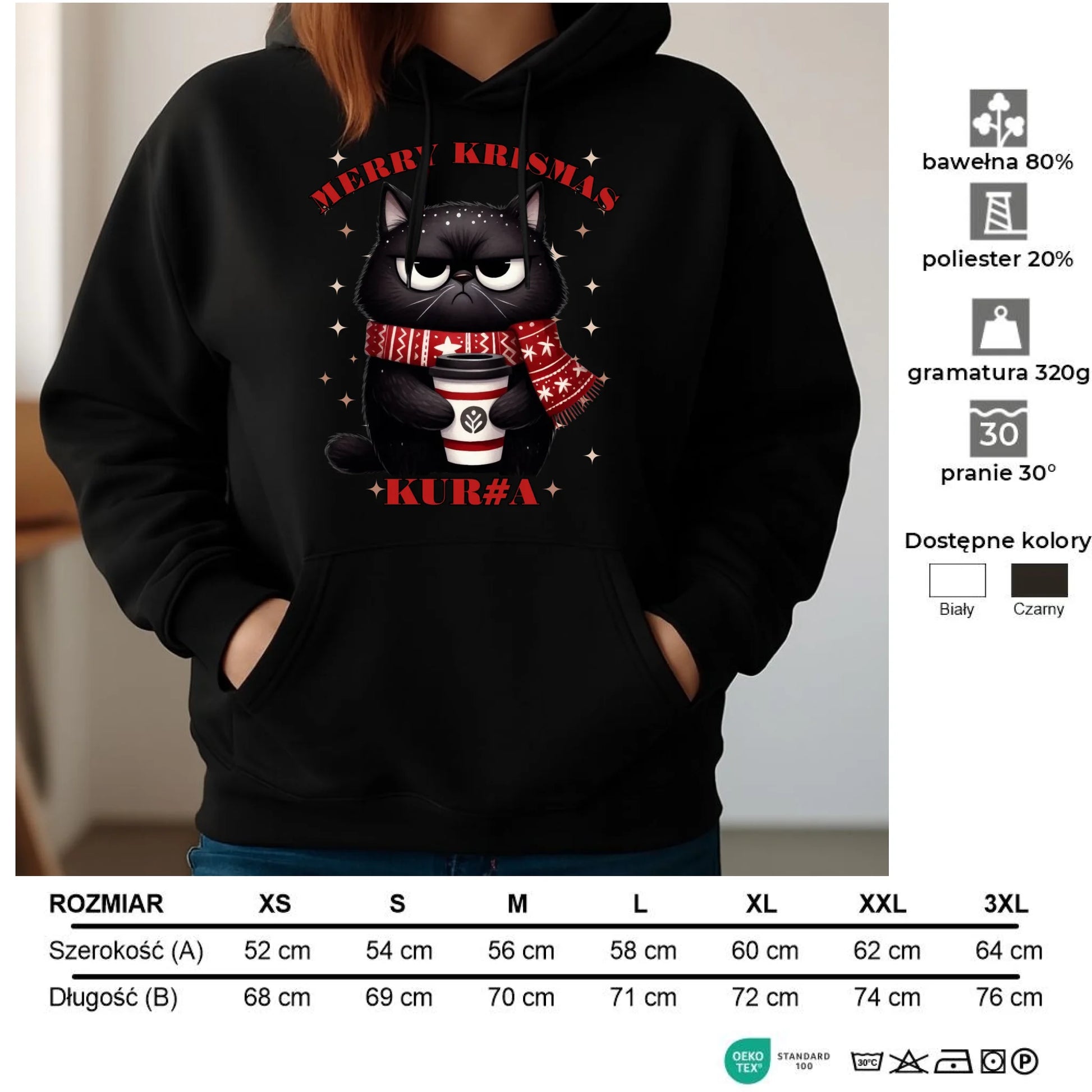 Bluza damska z kapturem świąteczna - Zburczany kot Merry Krismas kur#a - bez cenzury BN34 - StoryCups.pl