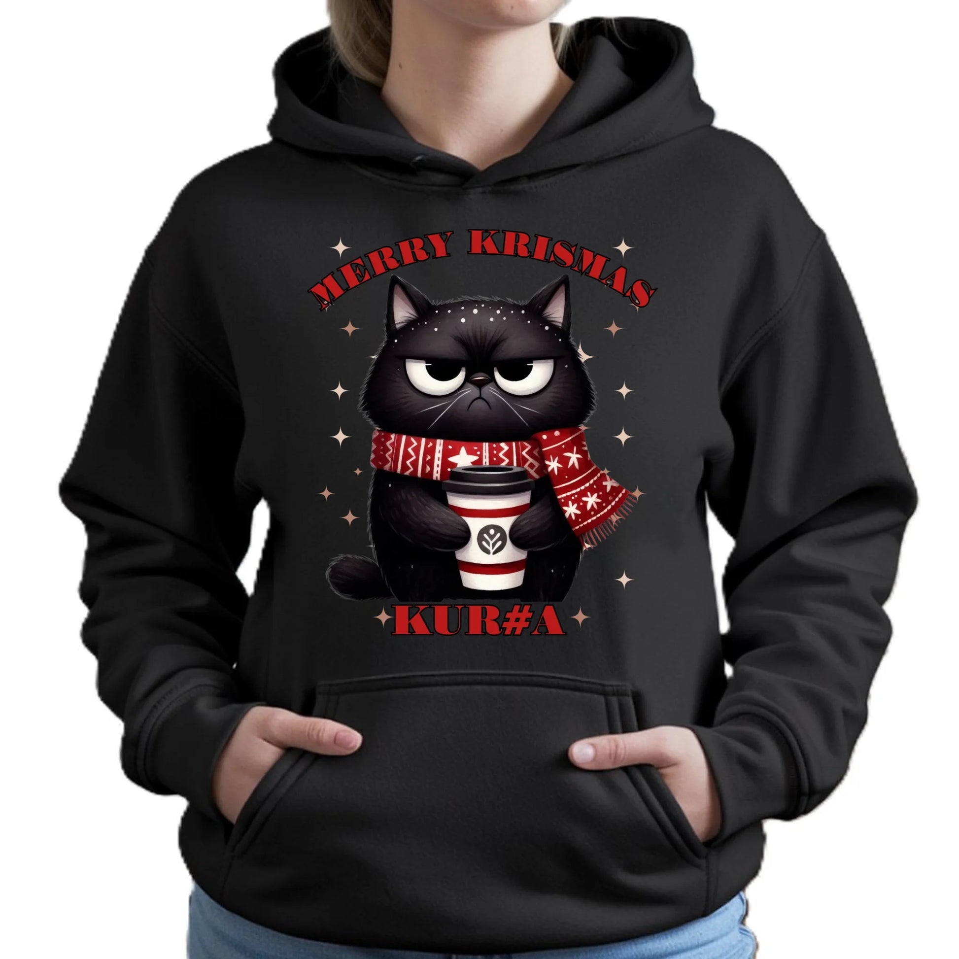 Bluza damska z kapturem świąteczna - Zburczany kot Merry Krismas kur#a - bez cenzury BN34 - StoryCups.pl