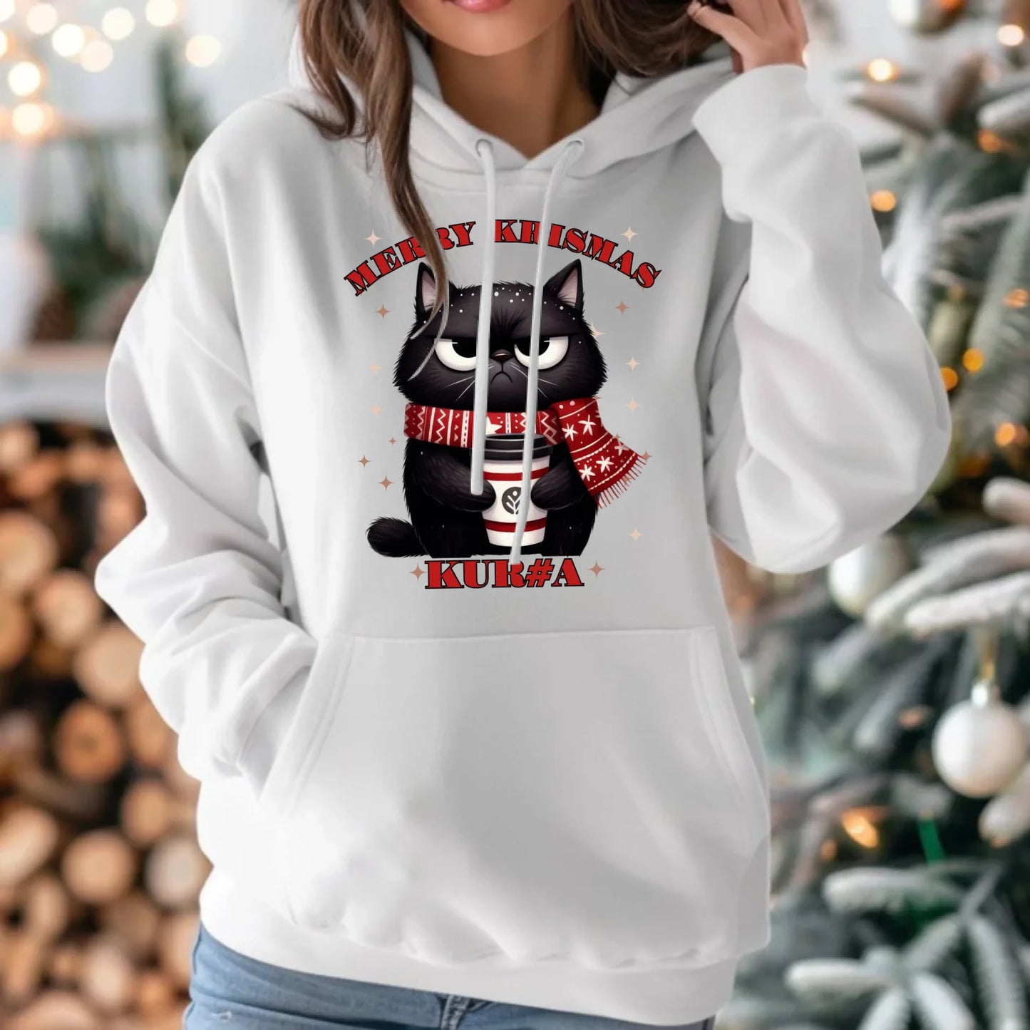 Bluza damska z kapturem świąteczna - Zburczany kot Merry Krismas kur#a - bez cenzury BN34 - StoryCups.pl