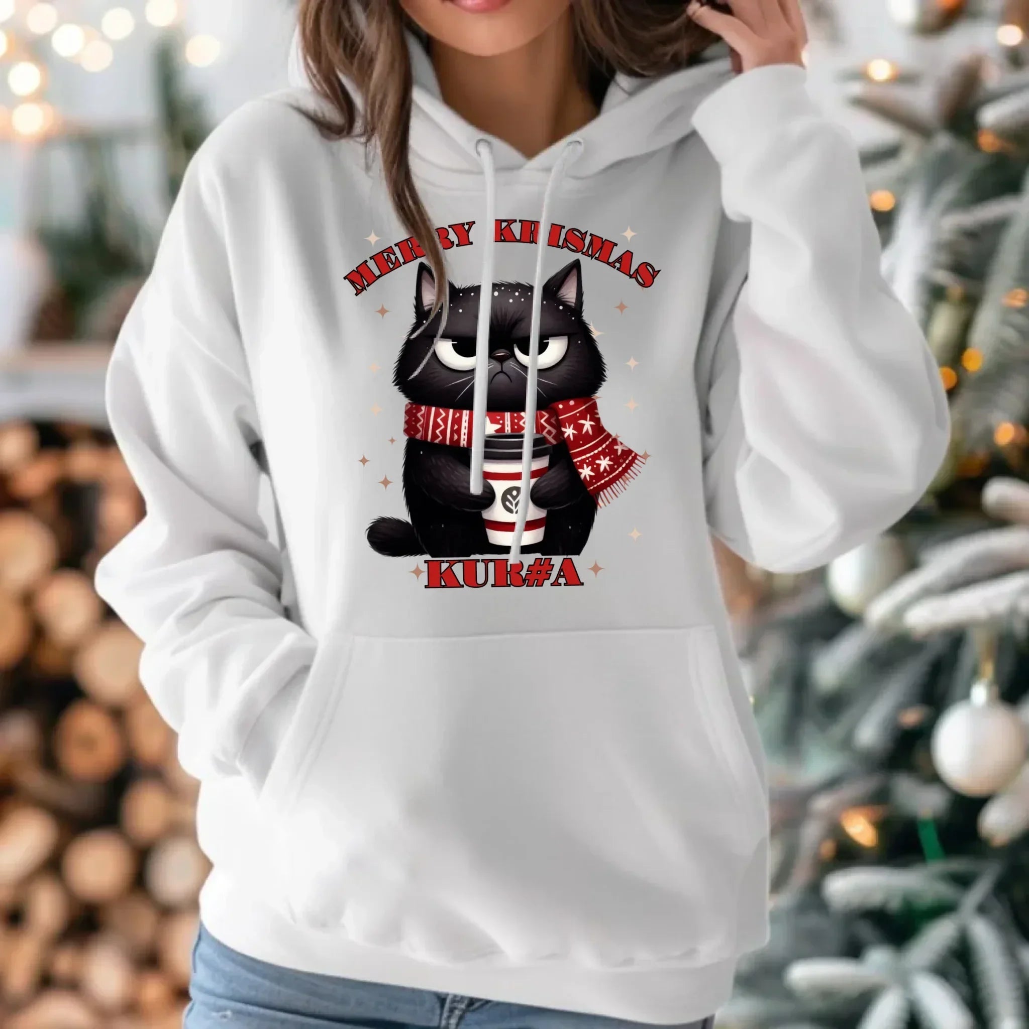 Bluza damska z kapturem świąteczna - Zburczany kot Merry Krismas kur#a - bez cenzury BN34 - StoryCups.pl