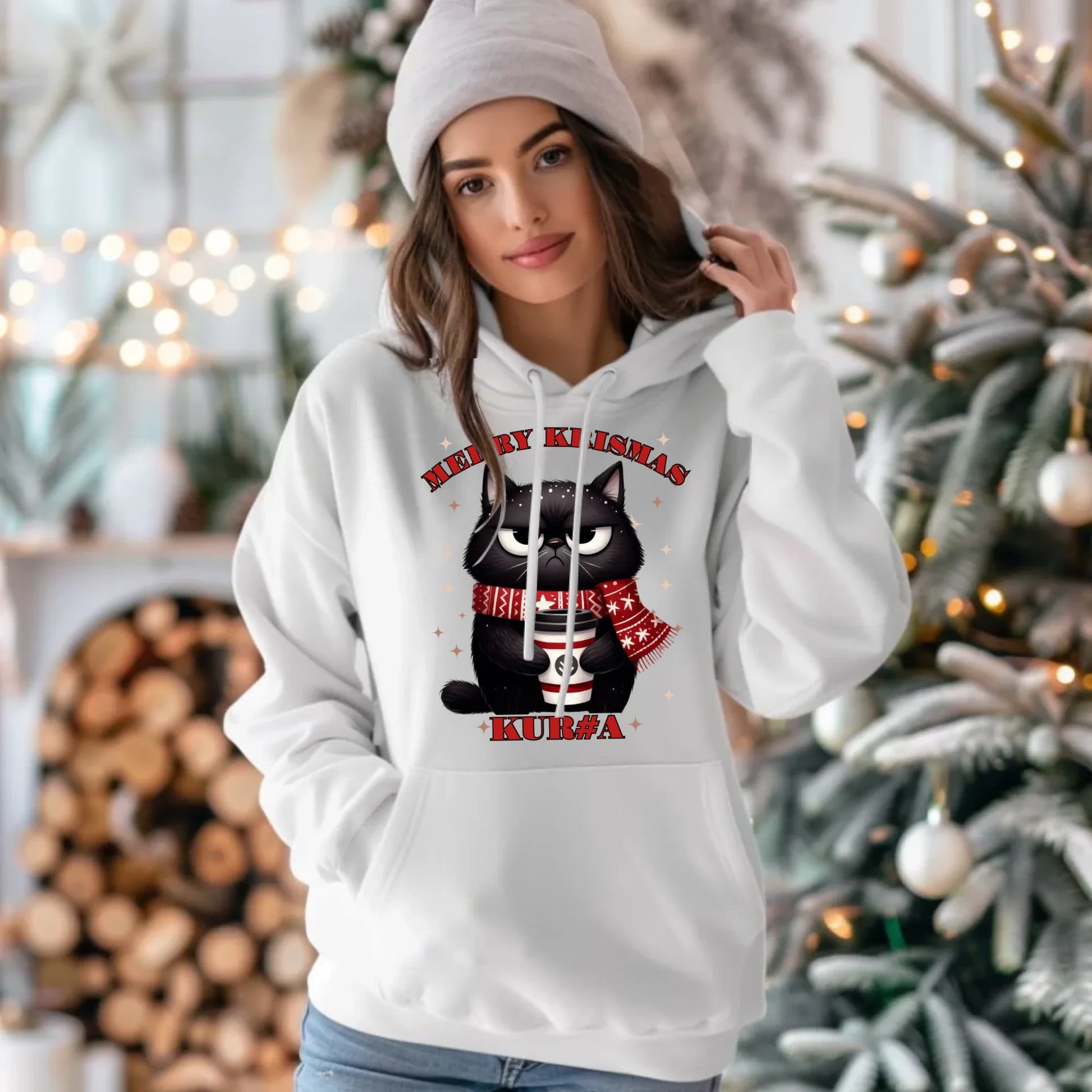 Bluza damska z kapturem świąteczna - Zburczany kot Merry Krismas kur#a - bez cenzury BN34 - StoryCups.pl