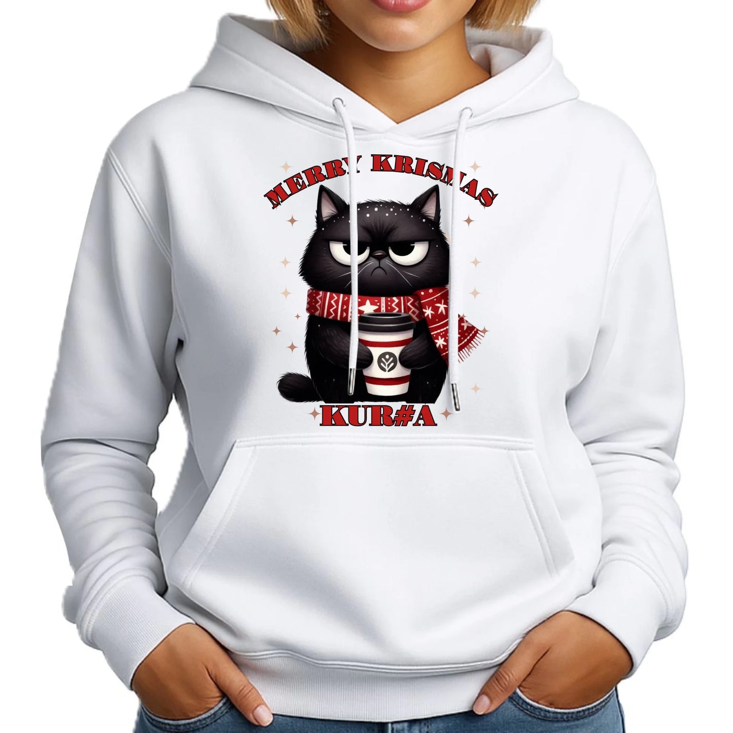 Bluza damska z kapturem świąteczna - Zburczany kot Merry Krismas kur#a - bez cenzury BN34 - StoryCups.pl