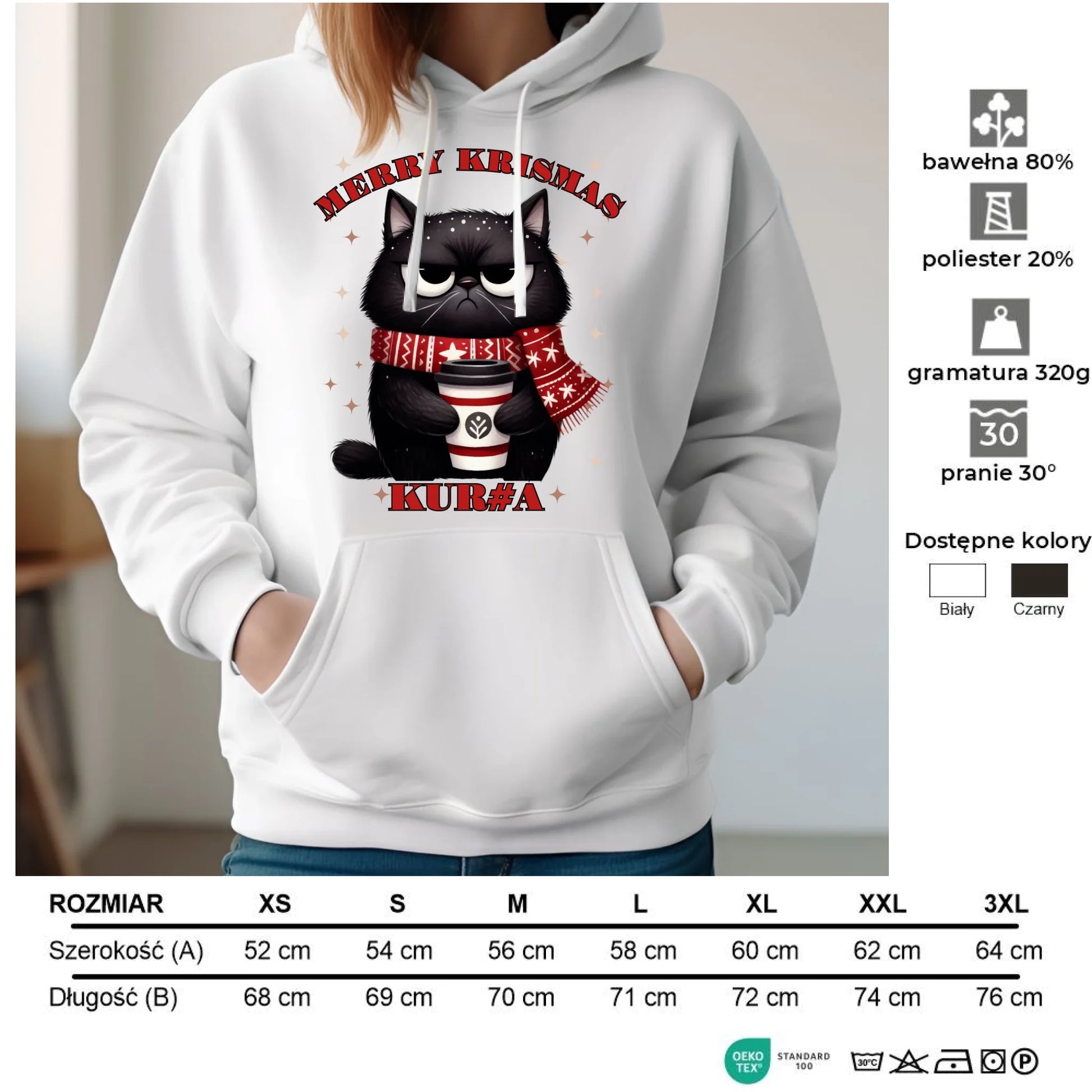Bluza damska z kapturem świąteczna - Zburczany kot Merry Krismas kur#a - bez cenzury BN34 - StoryCups.pl